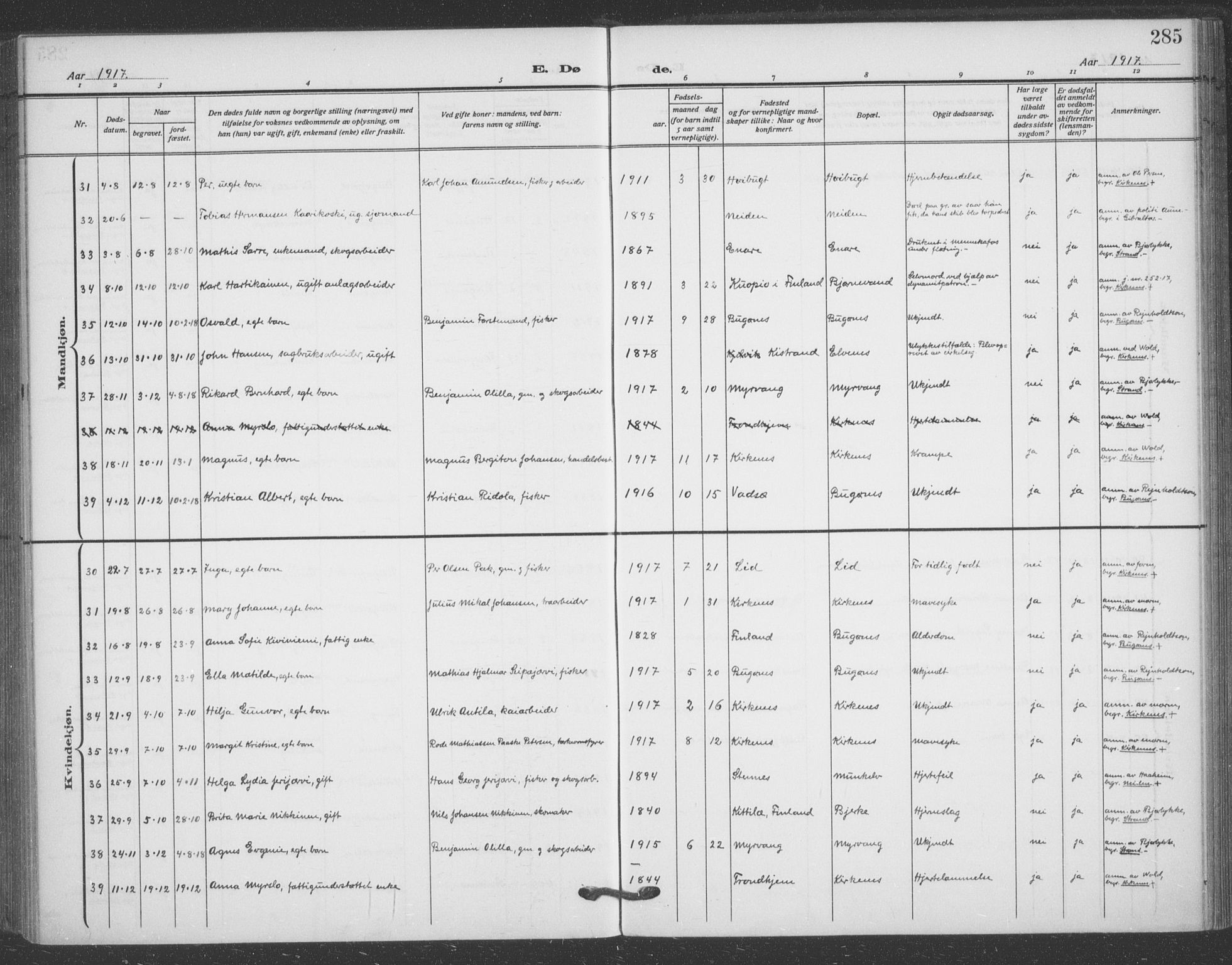 Sør-Varanger sokneprestkontor, AV/SATØ-S-1331/H/Ha/L0005kirke: Parish register (official) no. 5, 1909-1919, p. 285