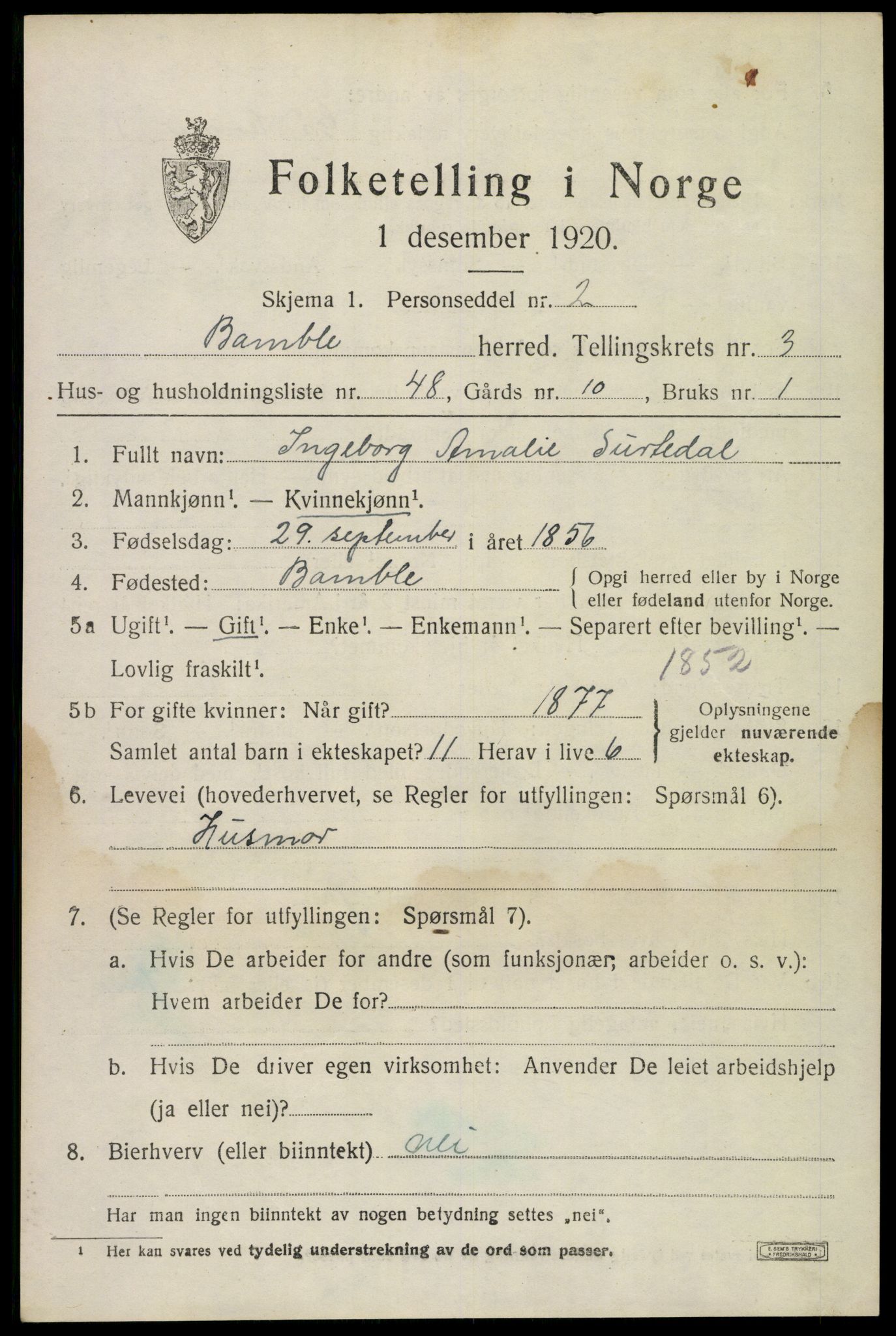 SAKO, 1920 census for Bamble, 1920, p. 4315