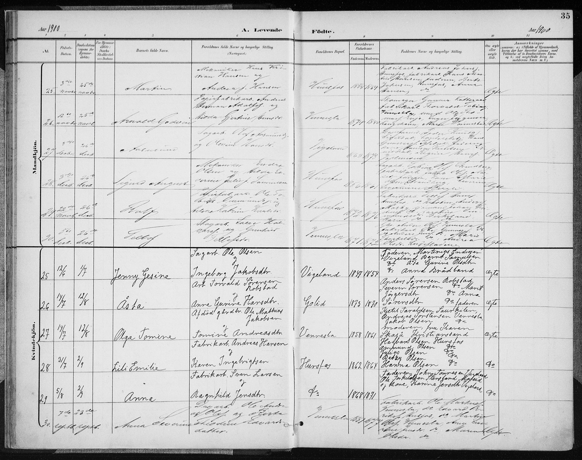 Vennesla sokneprestkontor, AV/SAK-1111-0045/Fa/Fab/L0005: Parish register (official) no. A 5, 1897-1909, p. 35