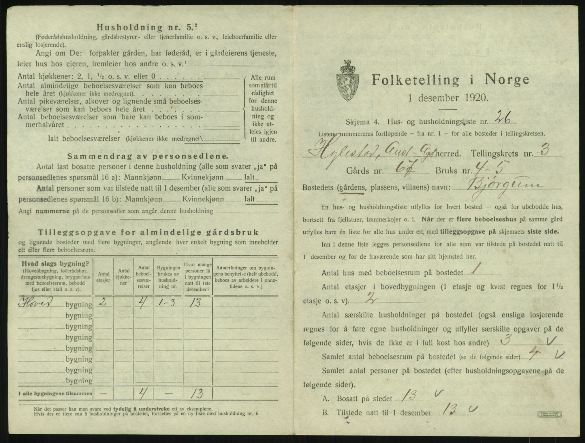 SAK, 1920 census for Hylestad, 1920, p. 176