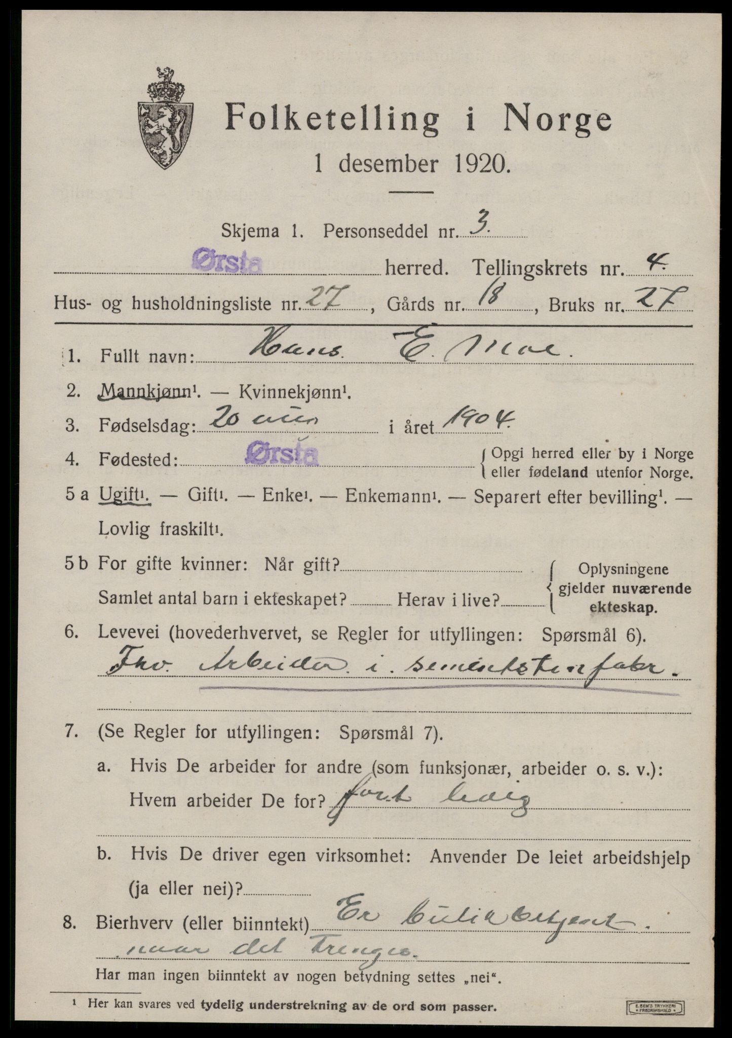 SAT, 1920 census for Ørsta, 1920, p. 4308