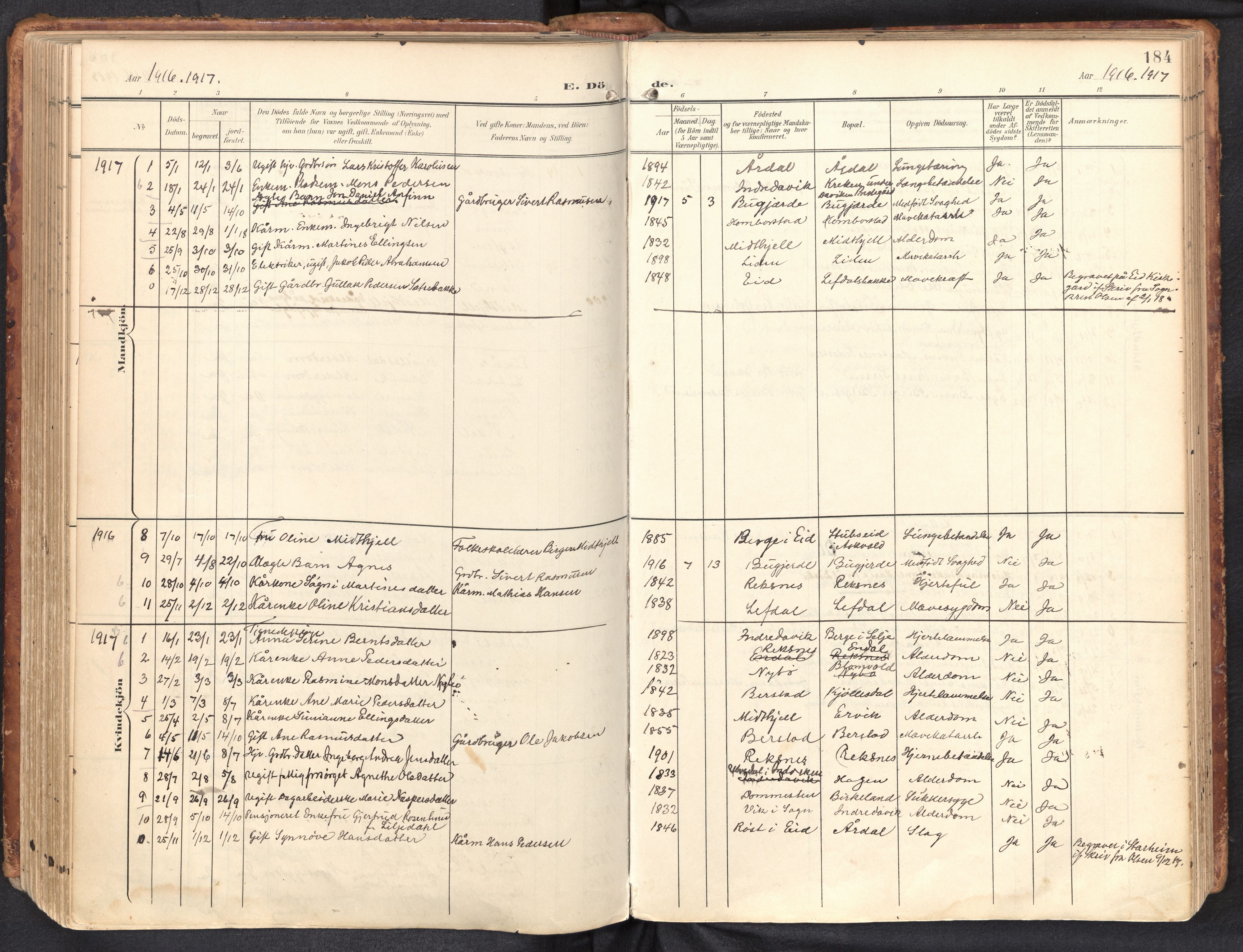 Davik sokneprestembete, AV/SAB-A-79701/H/Haa/Haab/L0002: Parish register (official) no. B 2, 1901-1934, p. 184
