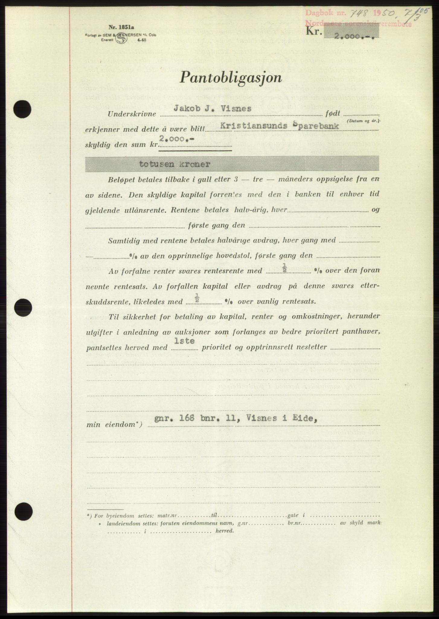 Nordmøre sorenskriveri, AV/SAT-A-4132/1/2/2Ca: Mortgage book no. B104, 1950-1950, Diary no: : 748/1950