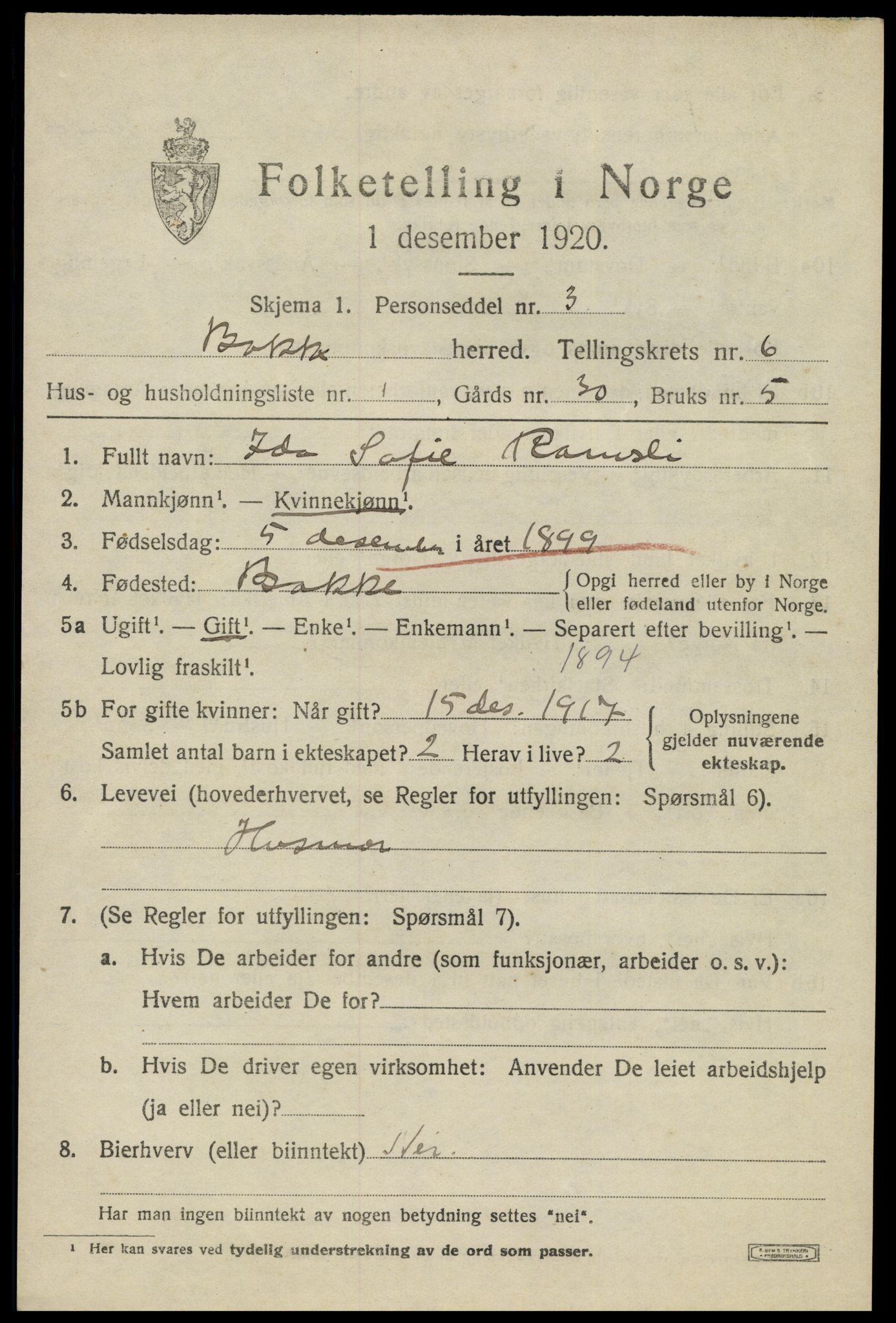 SAK, 1920 census for Bakke, 1920, p. 1818