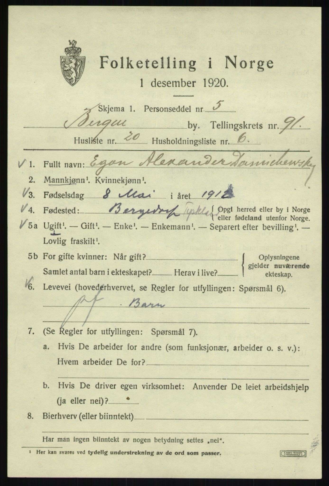 SAB, 1920 census for Bergen, 1920, p. 164898