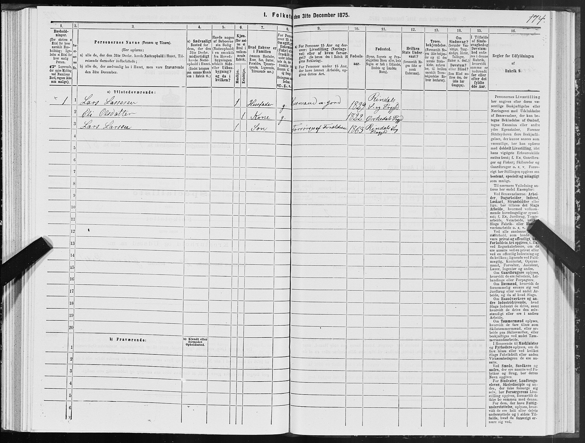 SAT, 1875 census for 1567P Rindal, 1875, p. 1174