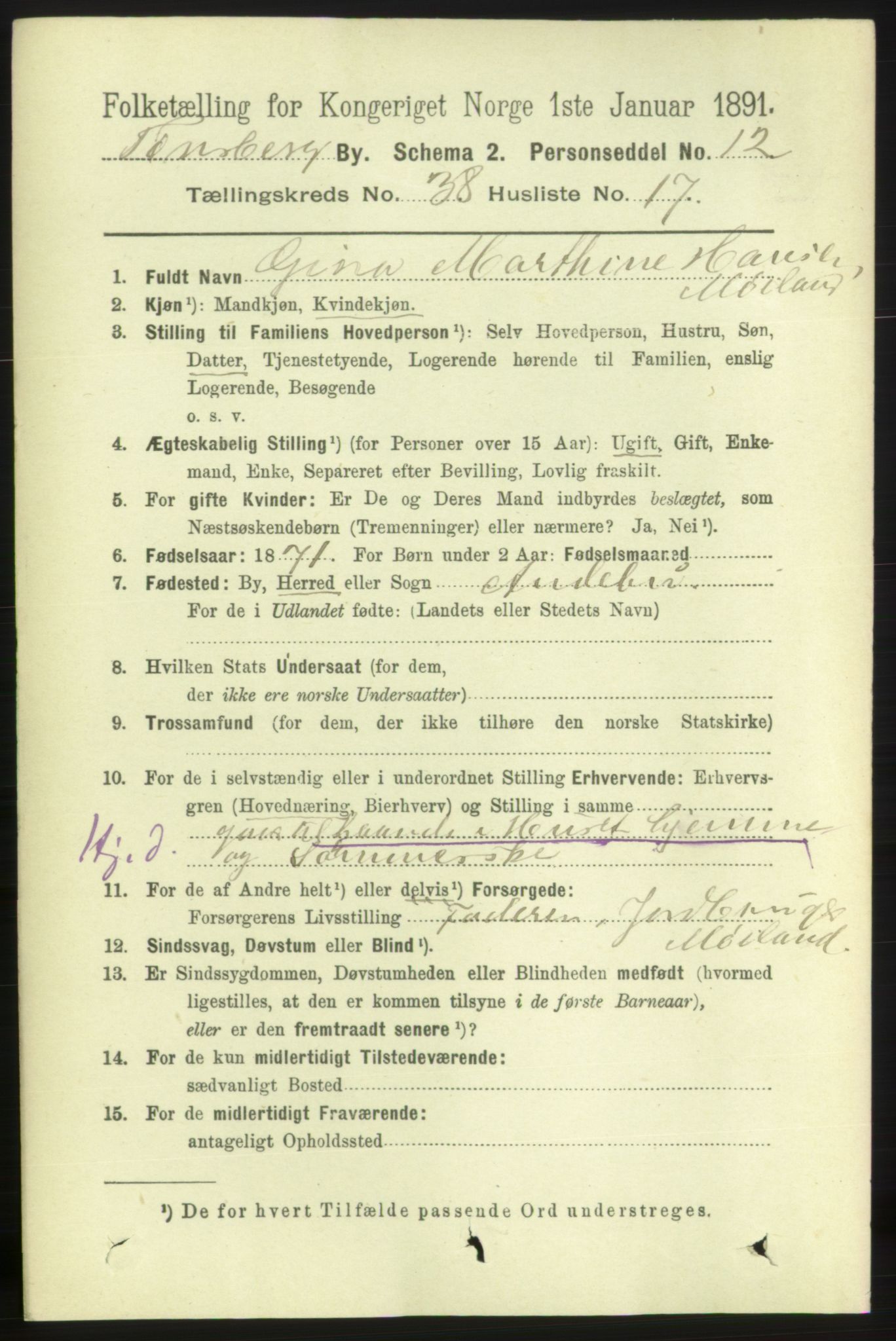 RA, 1891 census for 0705 Tønsberg, 1891, p. 8269