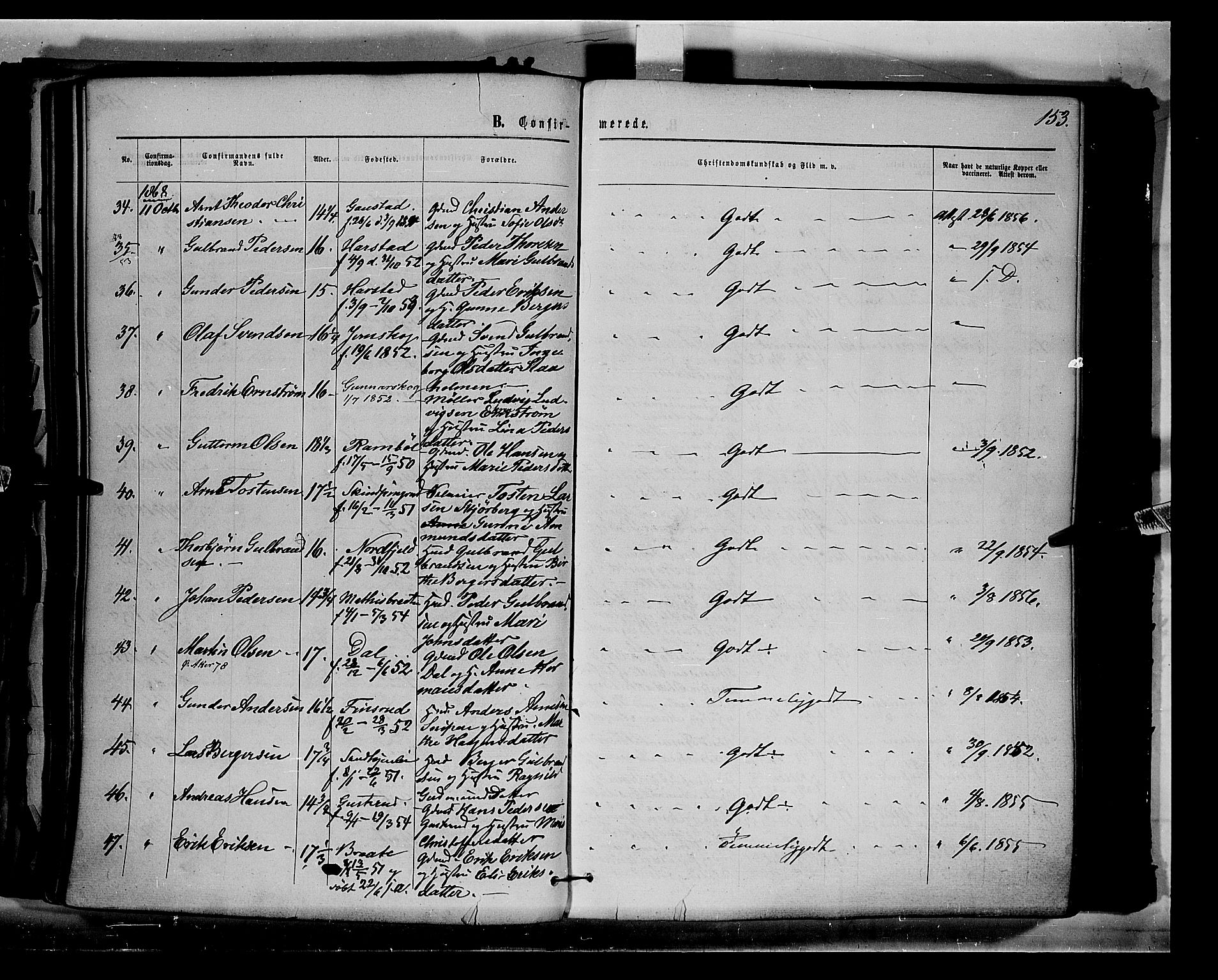 Eidskog prestekontor, AV/SAH-PREST-026/H/Ha/Haa/L0002: Parish register (official) no. 2, 1867-1878, p. 153