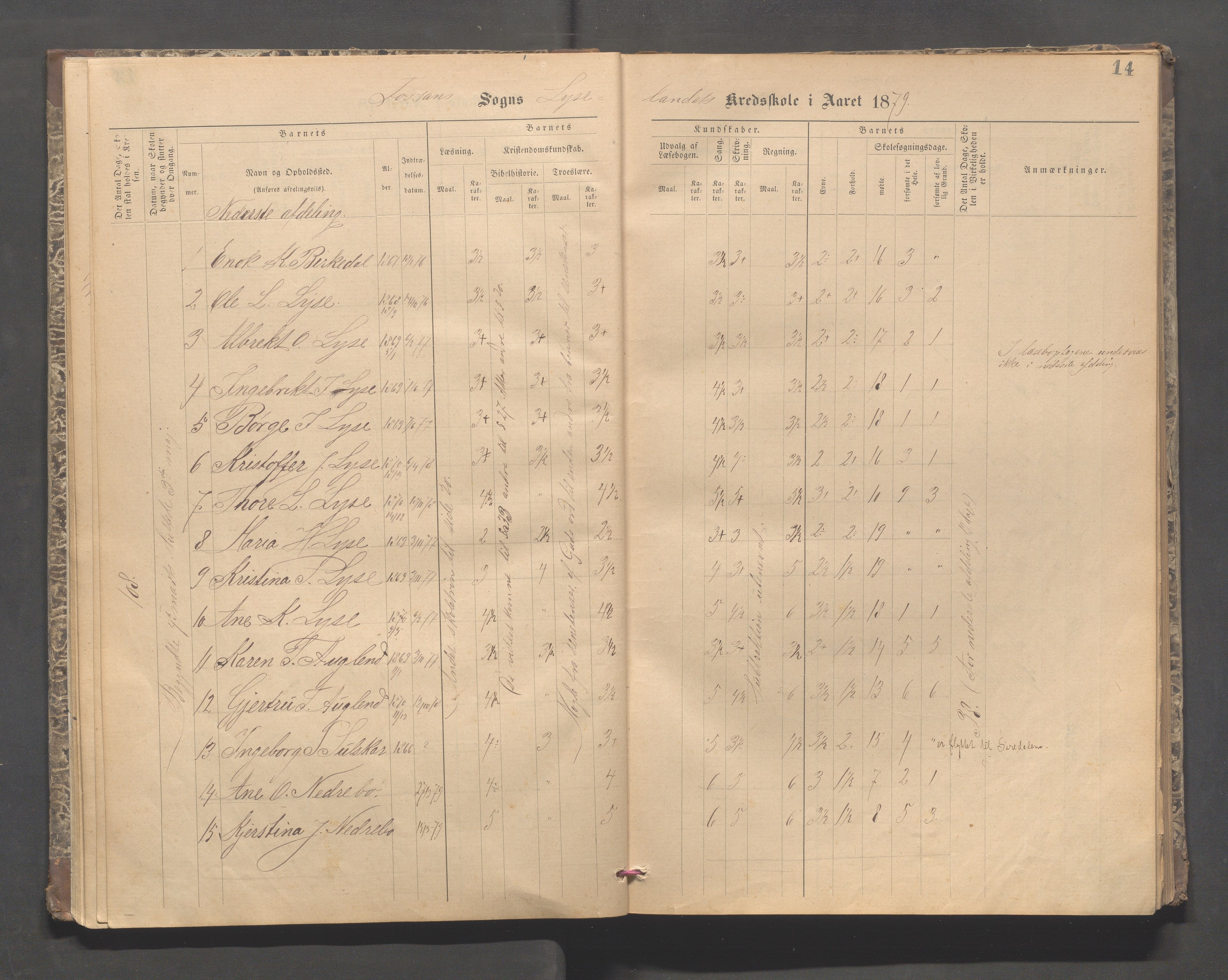 Forsand kommune - Lyse skole, IKAR/K-101613/H/L0001: Skoleprotokoll - Lyselandet, Indre Lysefjords enslige gårder, Kalleli omgangsskole, Songesand, Eiane, 1877-1894, p. 14