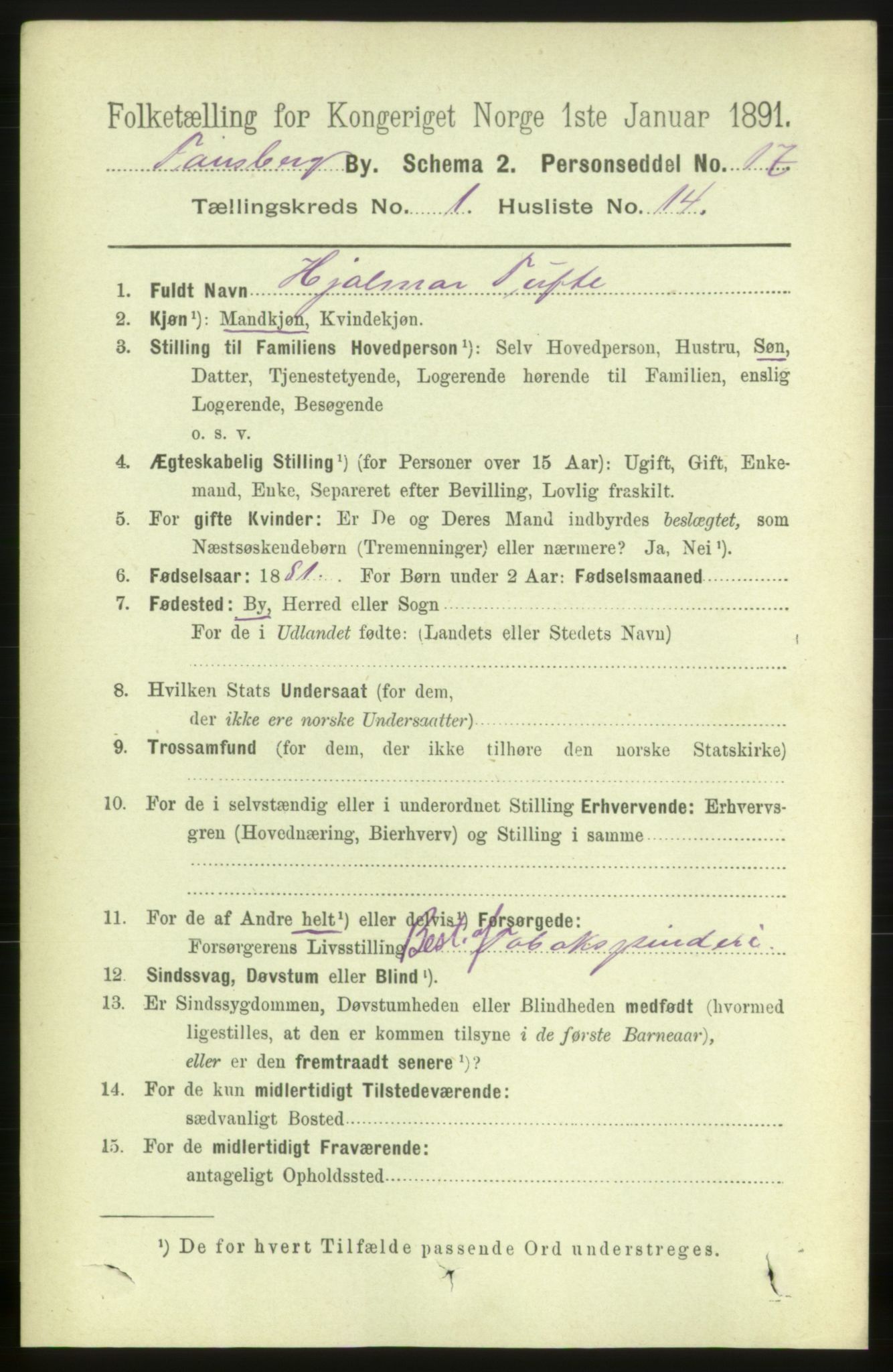 RA, 1891 census for 0705 Tønsberg, 1891, p. 1435