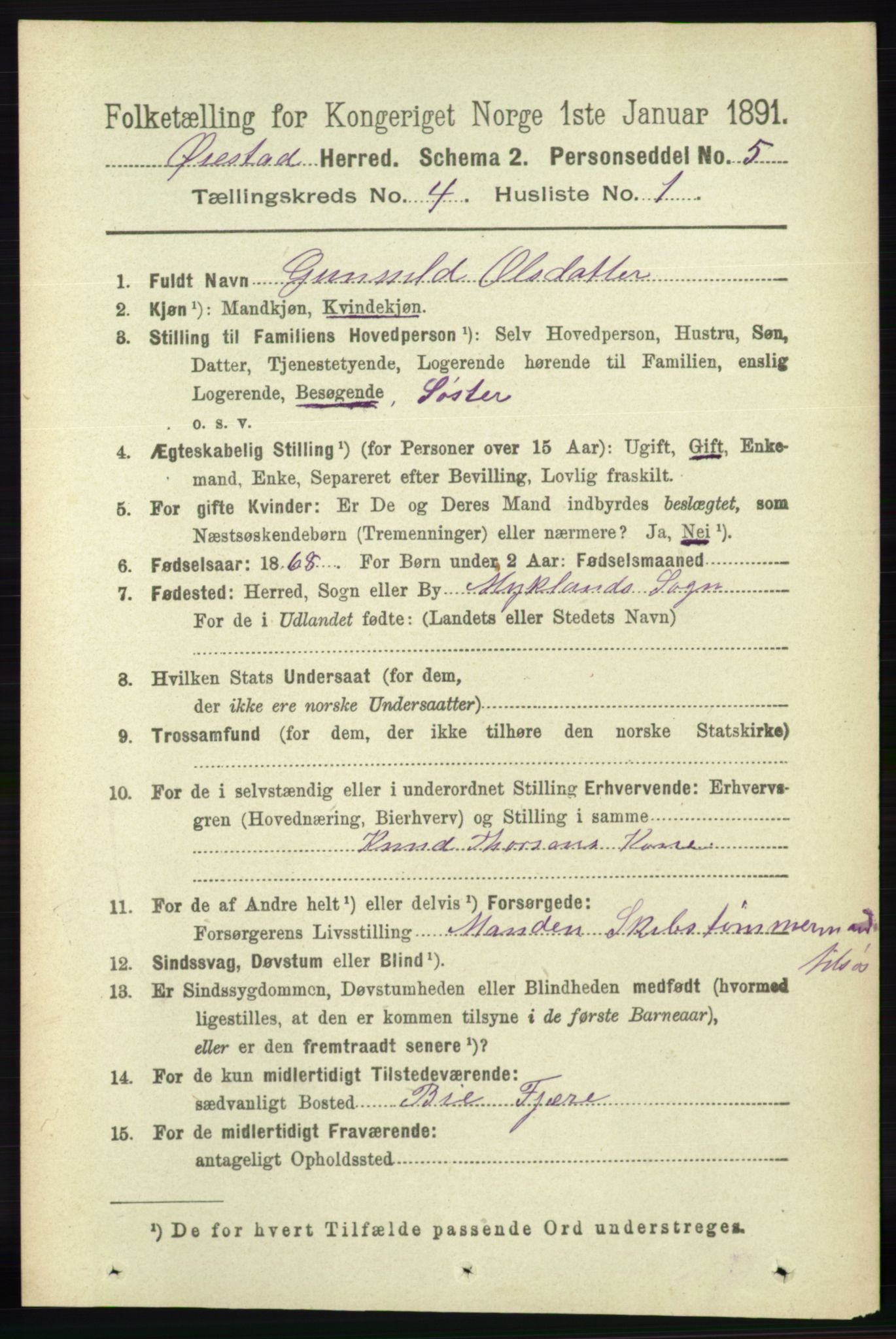 RA, 1891 census for 0920 Øyestad, 1891, p. 1396