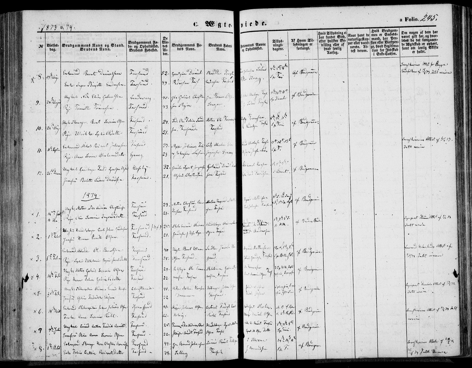 Farsund sokneprestkontor, SAK/1111-0009/F/Fa/L0005: Parish register (official) no. A 5, 1863-1886, p. 245
