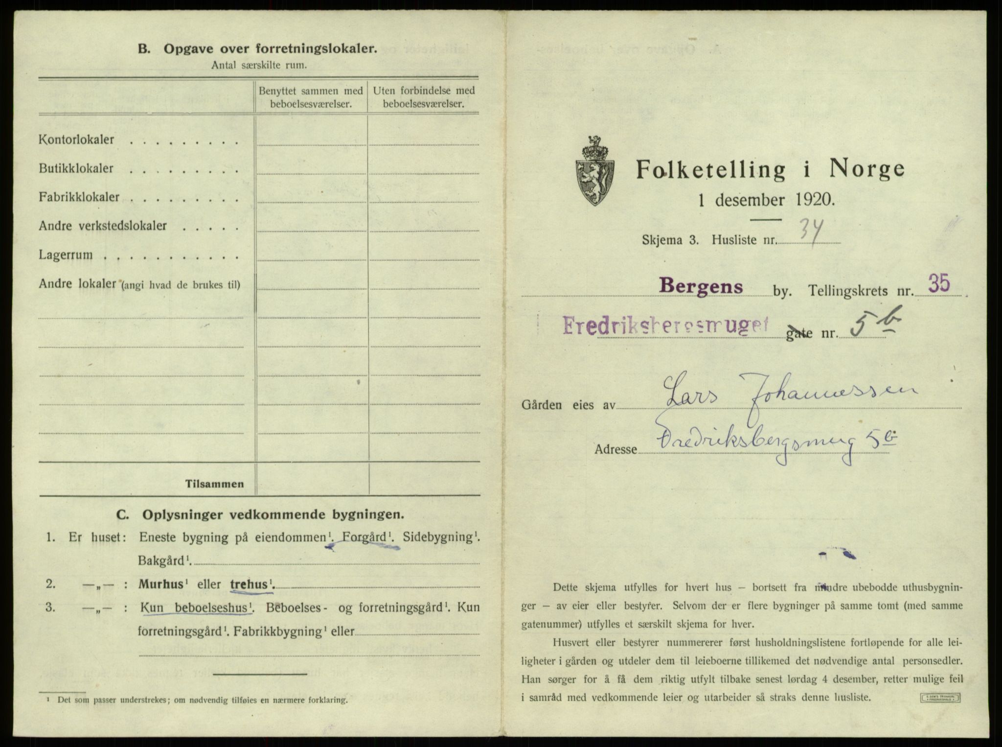 SAB, 1920 census for Bergen, 1920, p. 3292