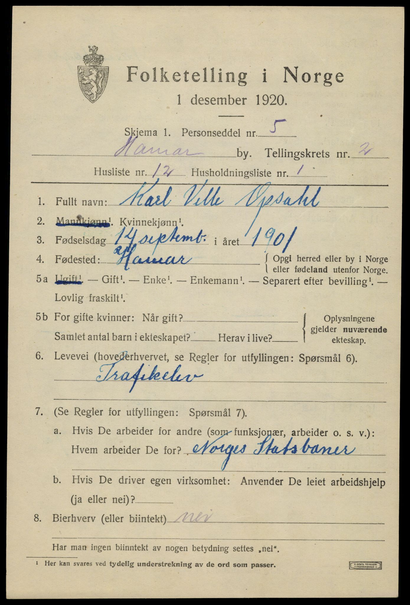 SAH, 1920 census for Hamar, 1920, p. 6083