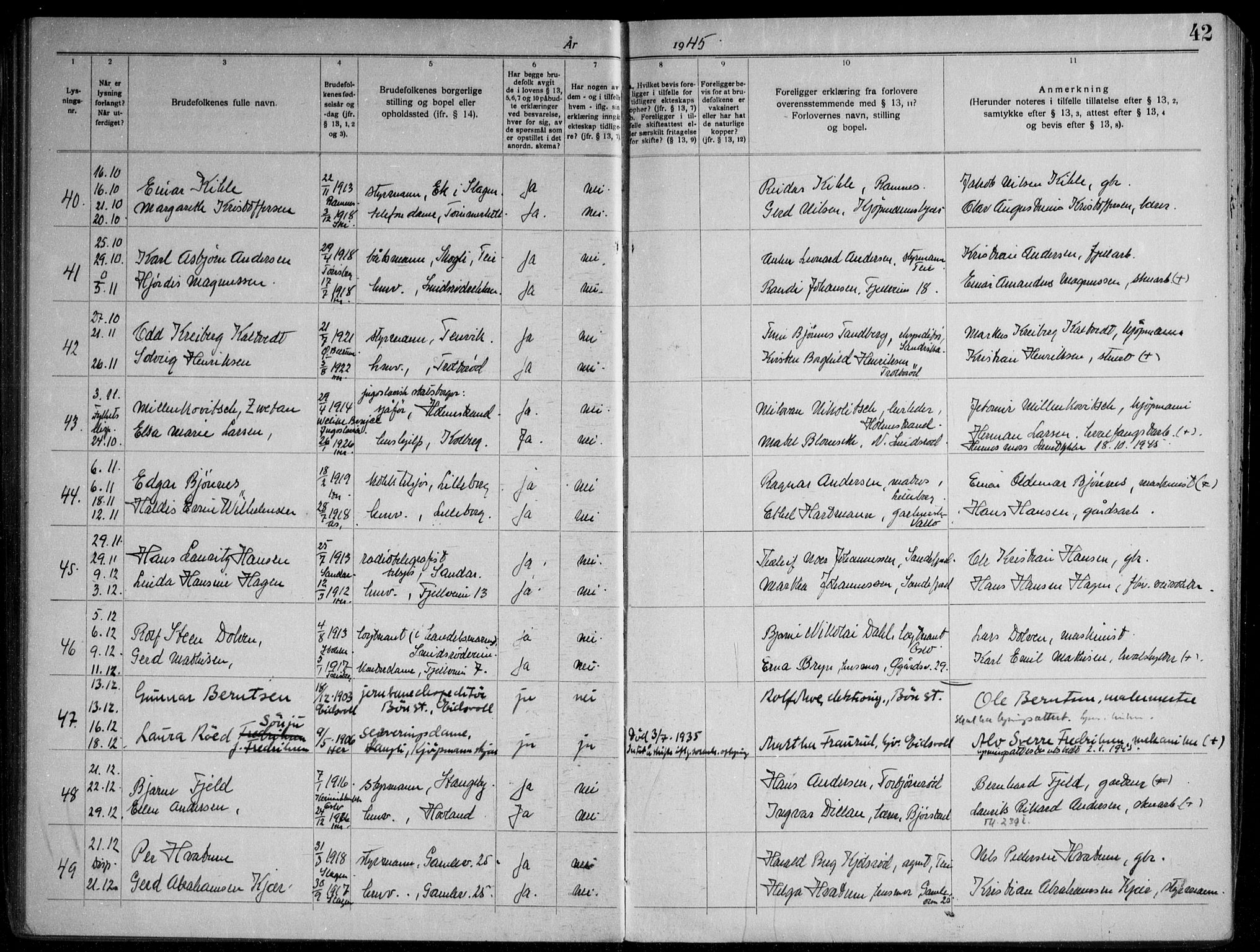 Nøtterøy kirkebøker, AV/SAKO-A-354/H/Ha/L0002: Banns register no. 2, 1937-1952, p. 42