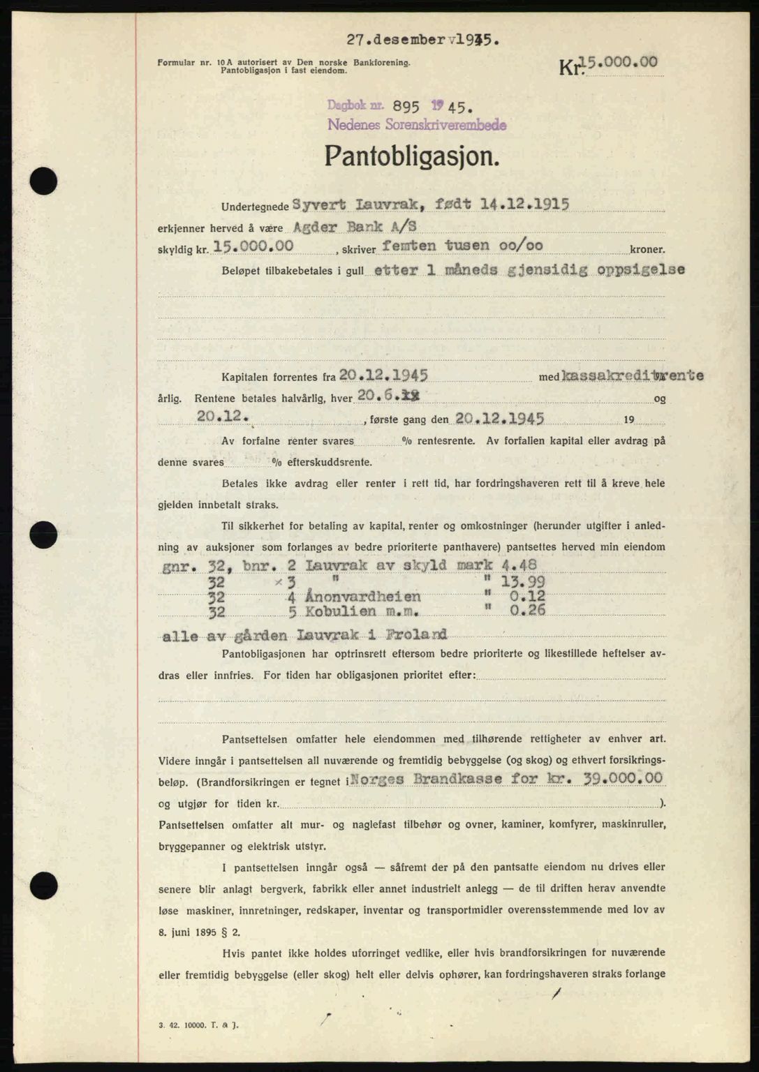 Nedenes sorenskriveri, AV/SAK-1221-0006/G/Gb/Gbb/L0003: Mortgage book no. B3a, 1945-1945, Diary no: : 895/1945