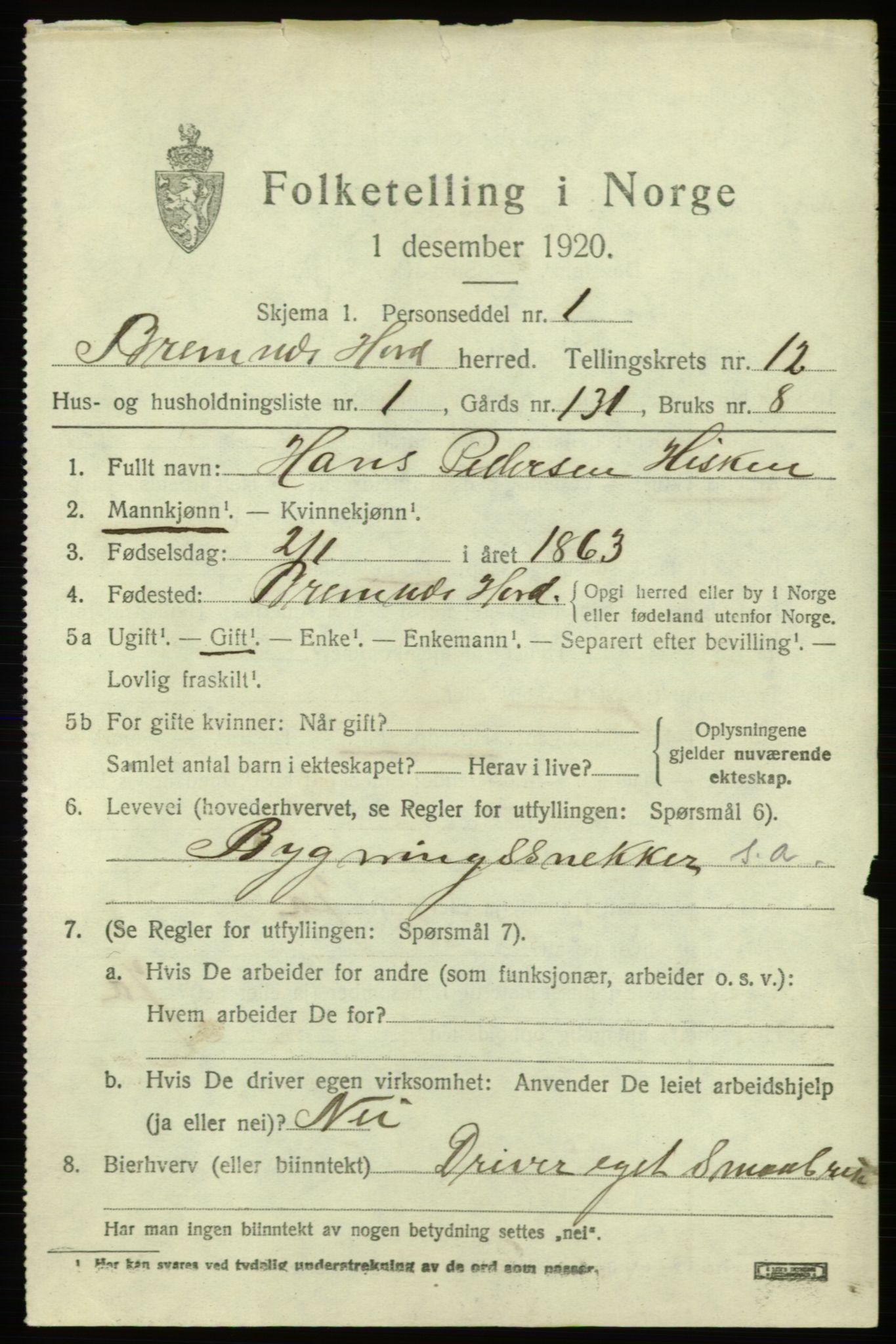 SAB, 1920 census for Bremnes, 1920, p. 7584
