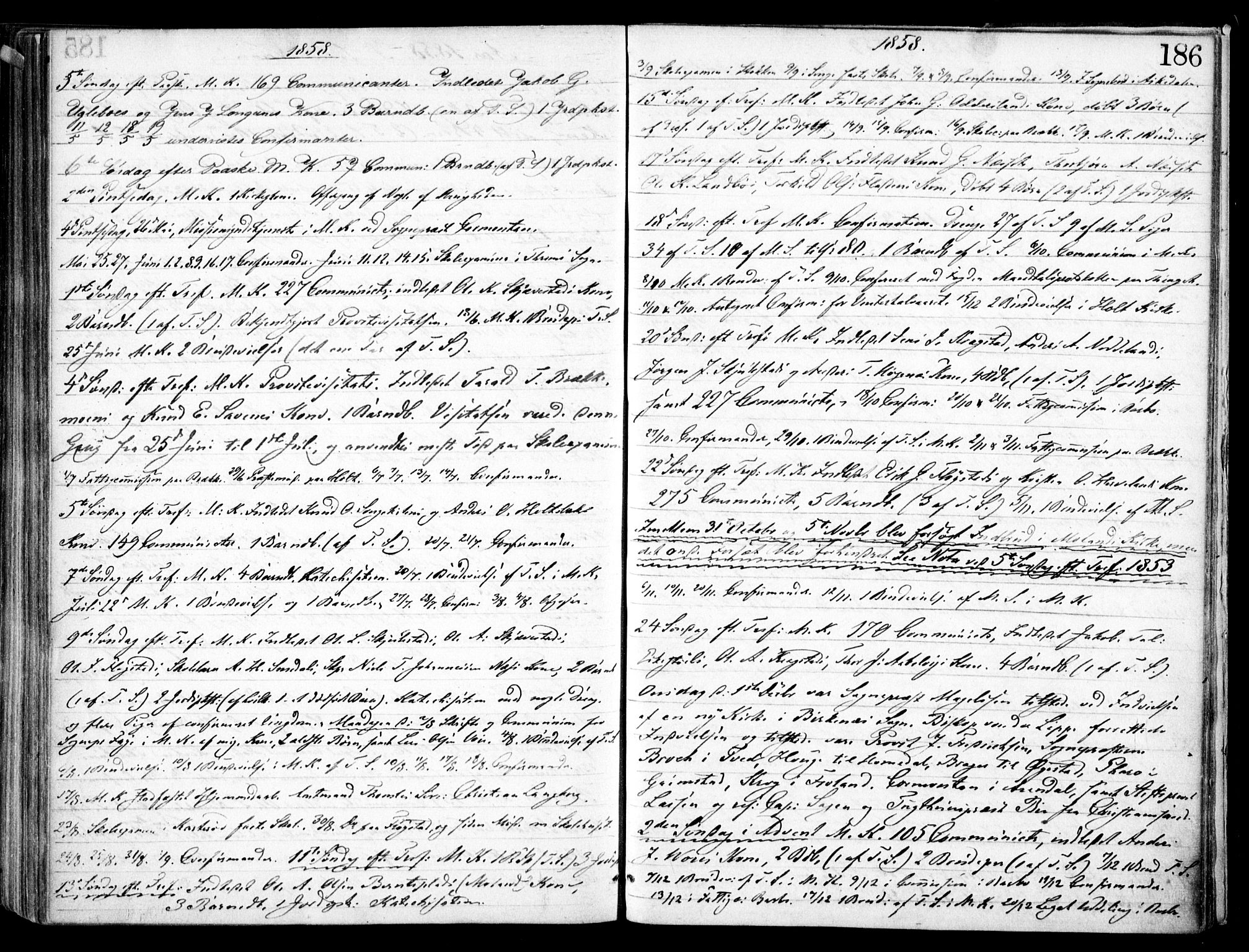 Austre Moland sokneprestkontor, AV/SAK-1111-0001/F/Fa/Faa/L0008: Parish register (official) no. A 8, 1858-1868, p. 186