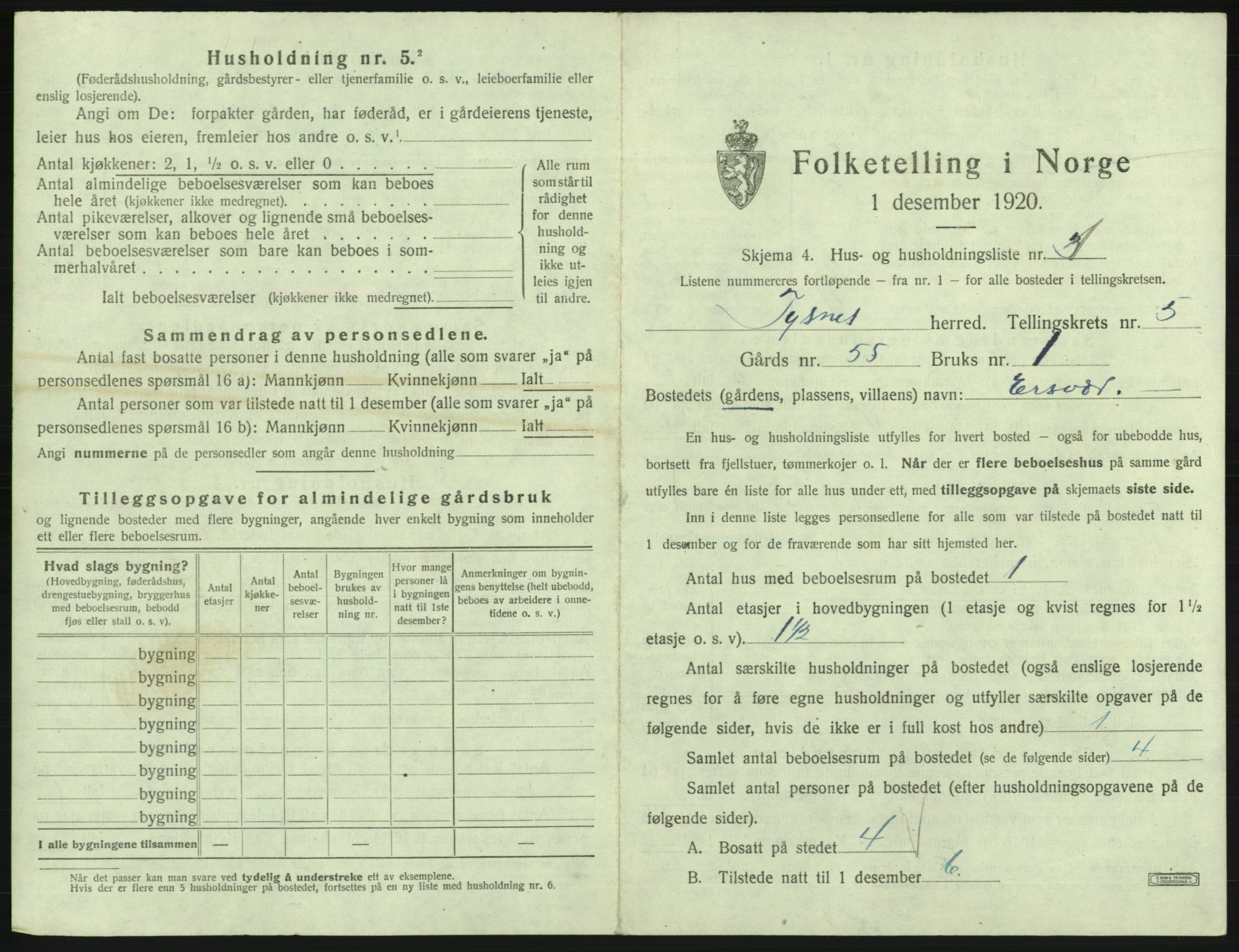 SAB, 1920 census for Tysnes, 1920, p. 422