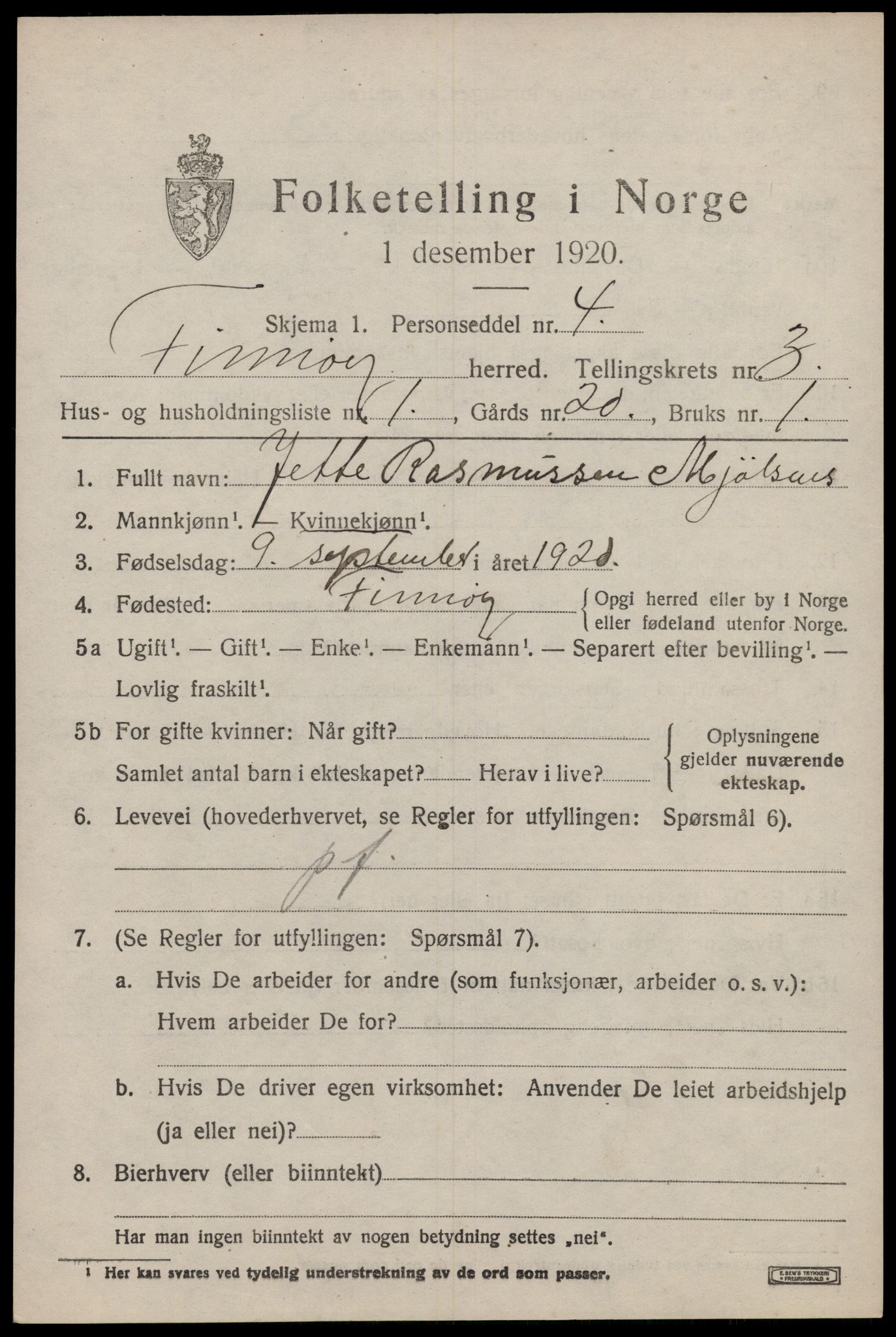 SAST, 1920 census for Finnøy, 1920, p. 2176