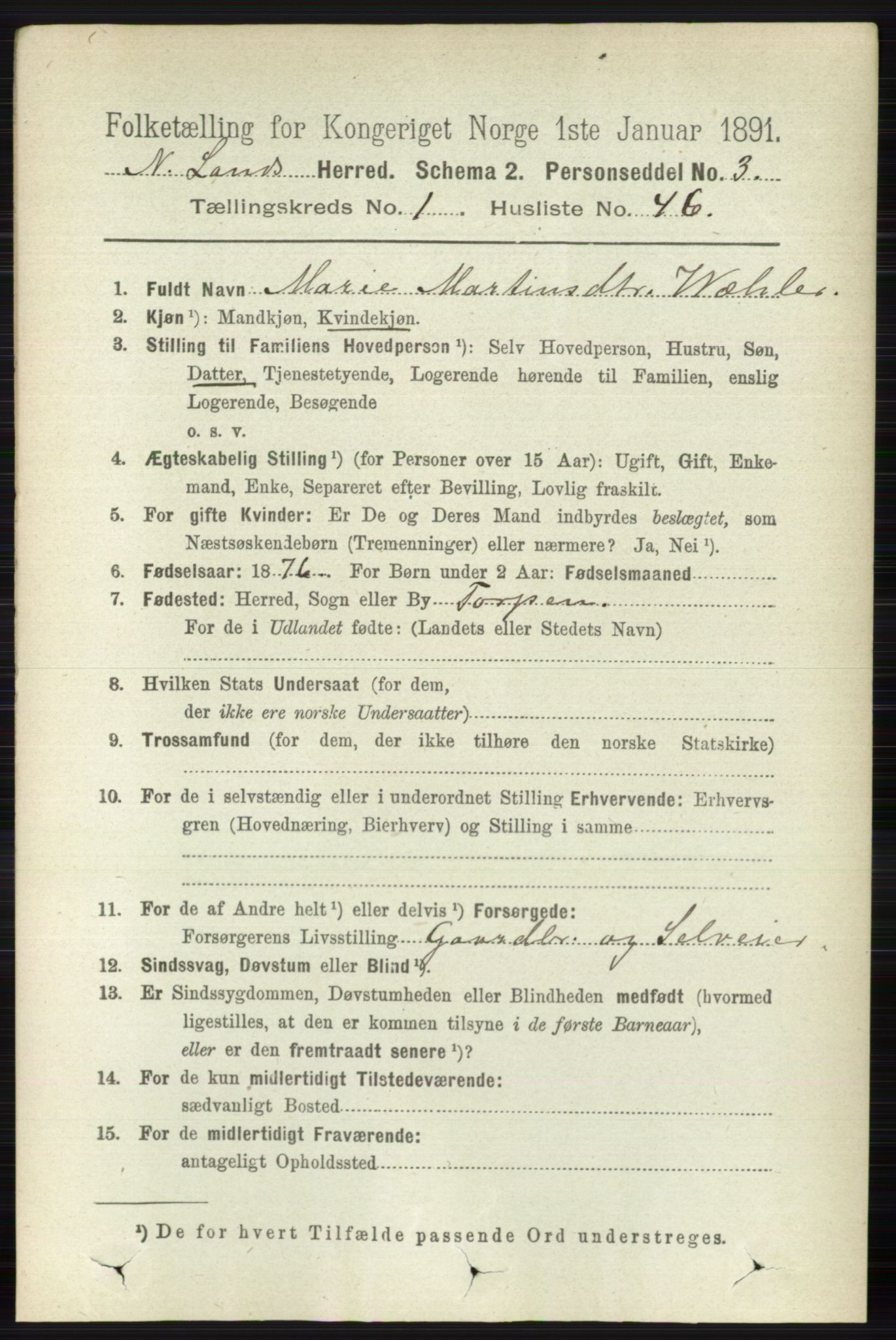 RA, 1891 census for 0538 Nordre Land, 1891, p. 411