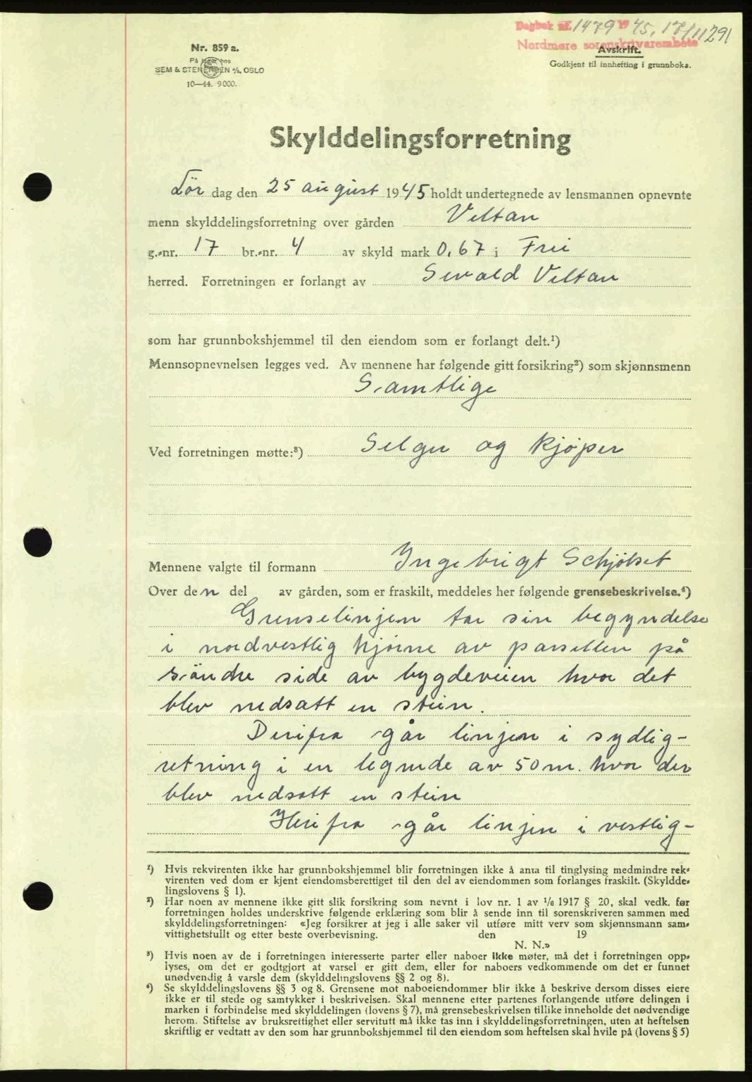 Nordmøre sorenskriveri, AV/SAT-A-4132/1/2/2Ca: Mortgage book no. A100a, 1945-1945, Diary no: : 1479/1945