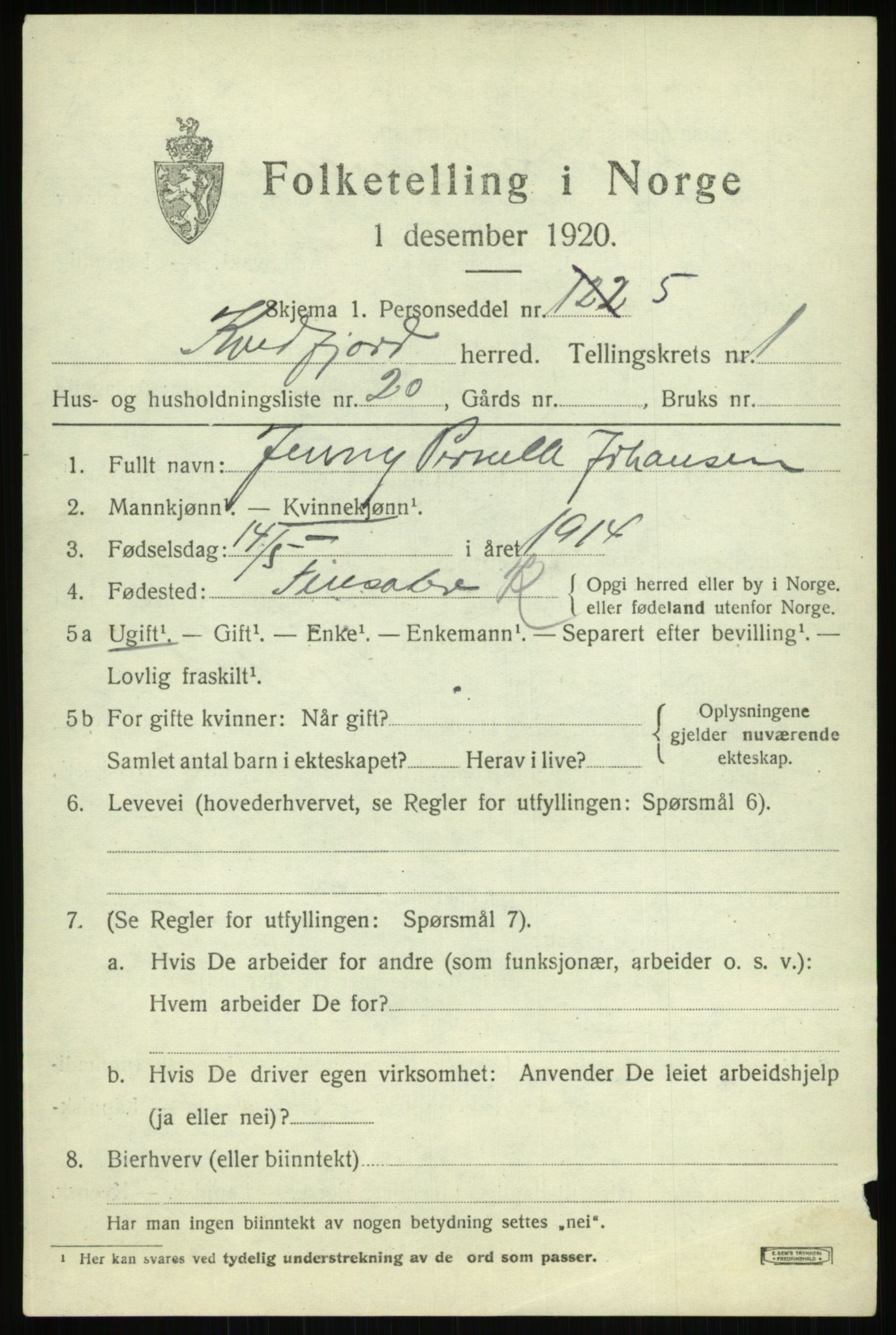 SATØ, 1920 census for Kvæfjord, 1920, p. 1419