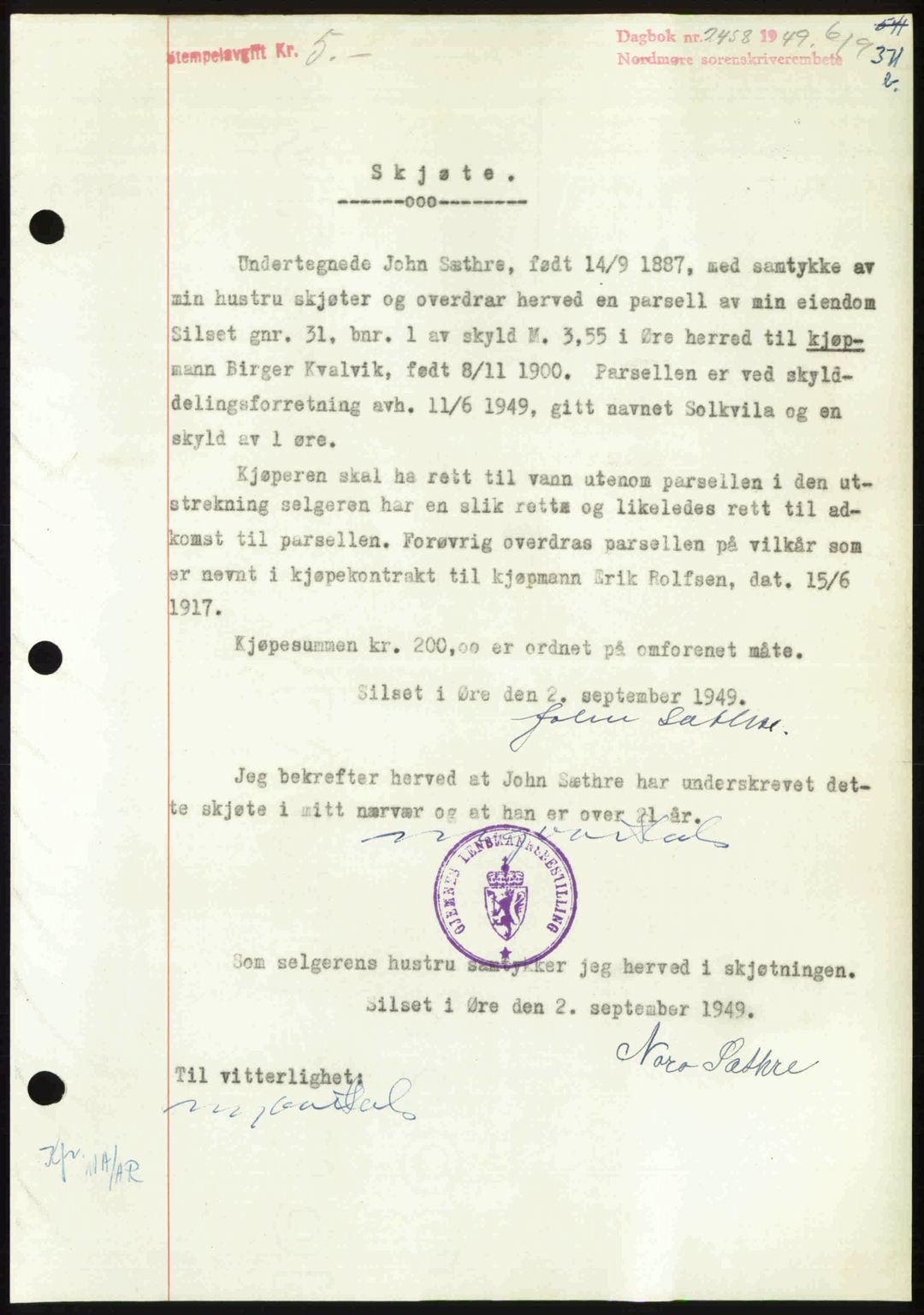 Nordmøre sorenskriveri, AV/SAT-A-4132/1/2/2Ca: Mortgage book no. A112, 1949-1949, Diary no: : 2458/1949