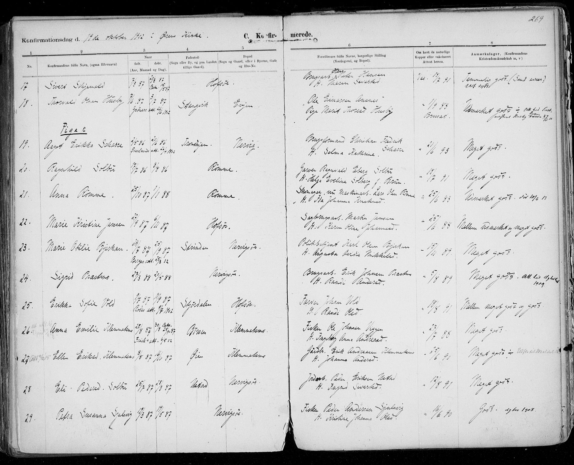 Ministerialprotokoller, klokkerbøker og fødselsregistre - Sør-Trøndelag, SAT/A-1456/668/L0811: Parish register (official) no. 668A11, 1894-1913, p. 269