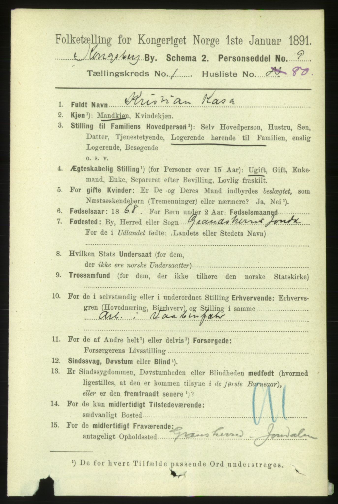 RA, 1891 census for 0604 Kongsberg, 1891, p. 2223