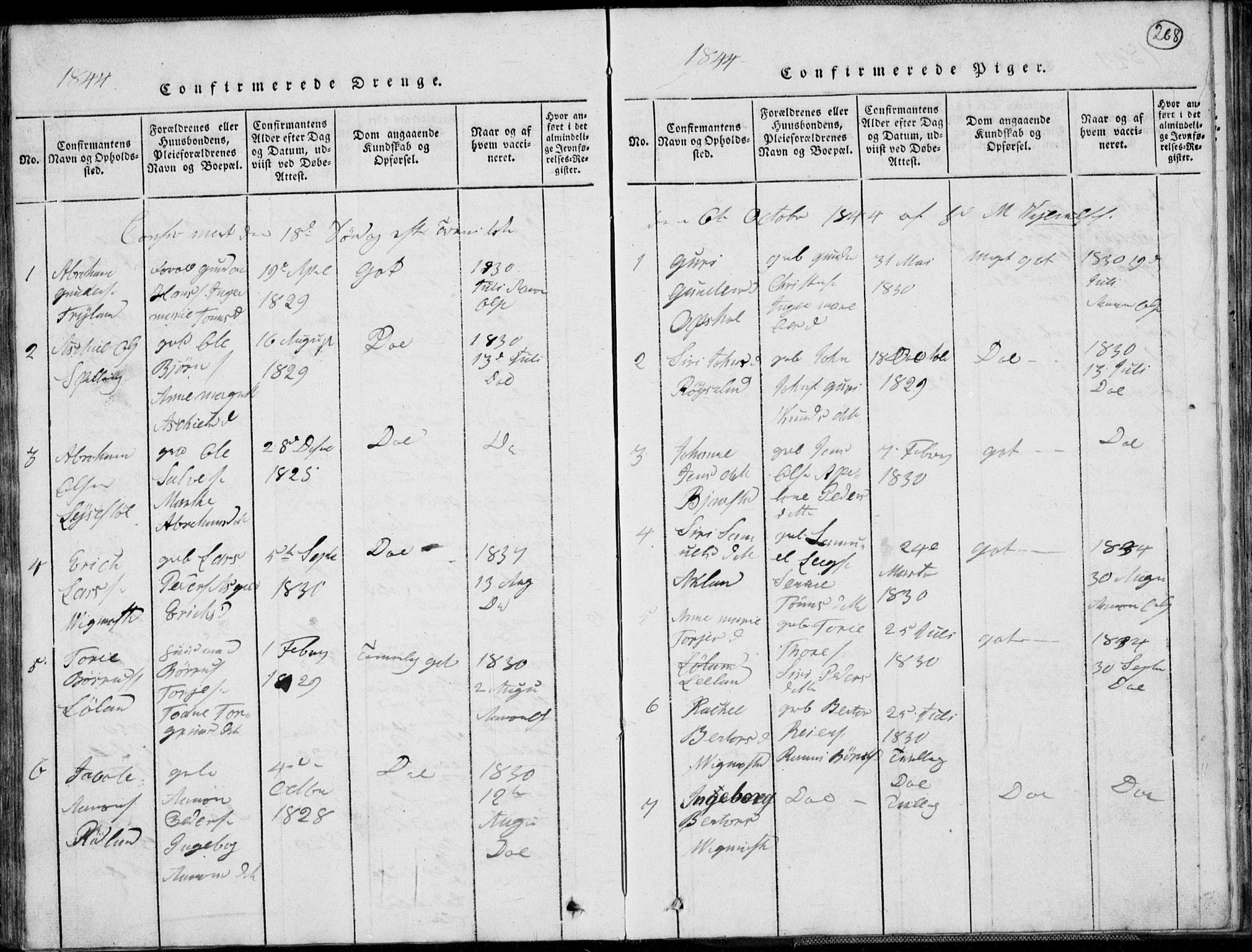 Nord-Audnedal sokneprestkontor, SAK/1111-0032/F/Fb/Fbb/L0001: Parish register (copy) no. B 1, 1816-1858, p. 268