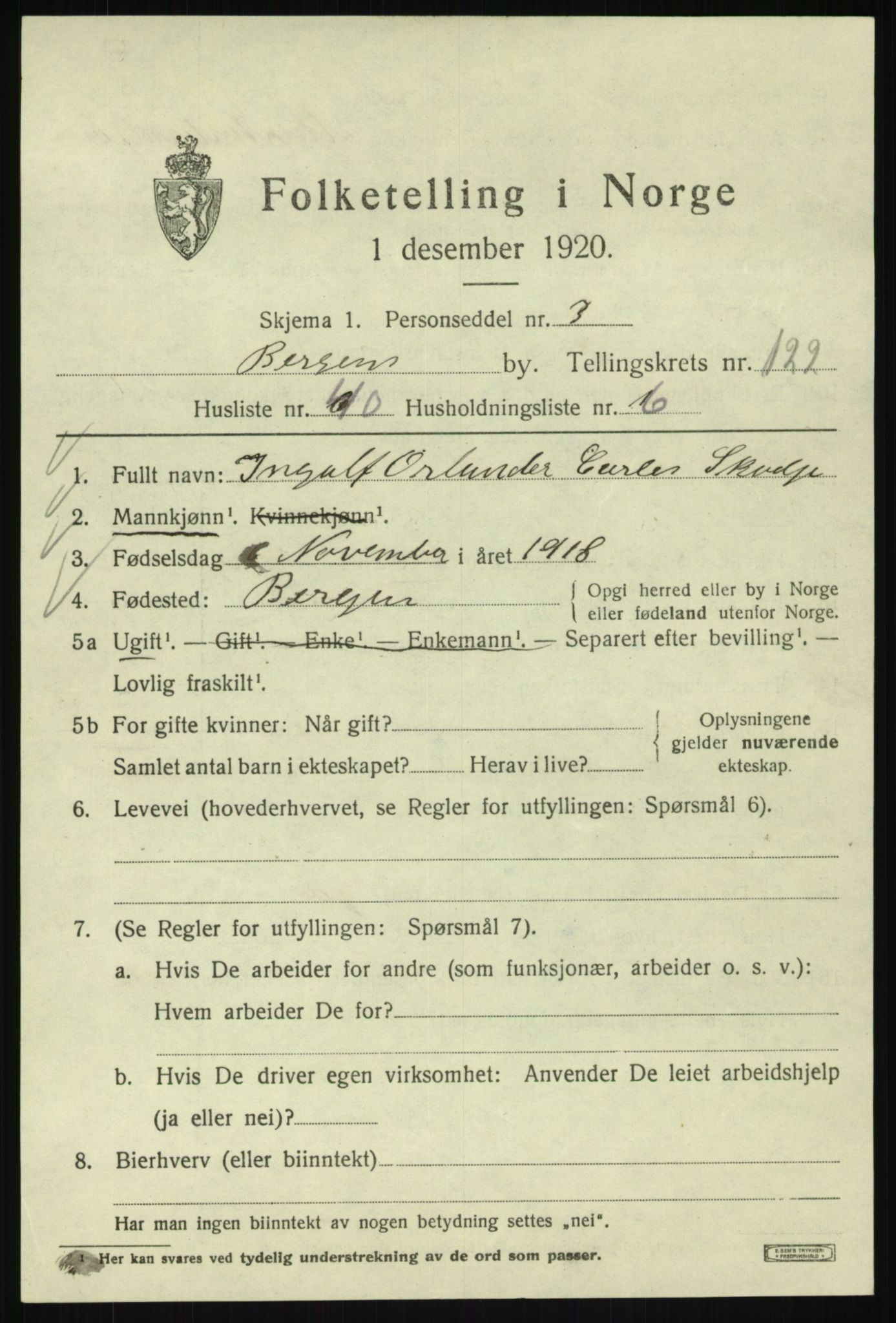 SAB, 1920 census for Bergen, 1920, p. 206526