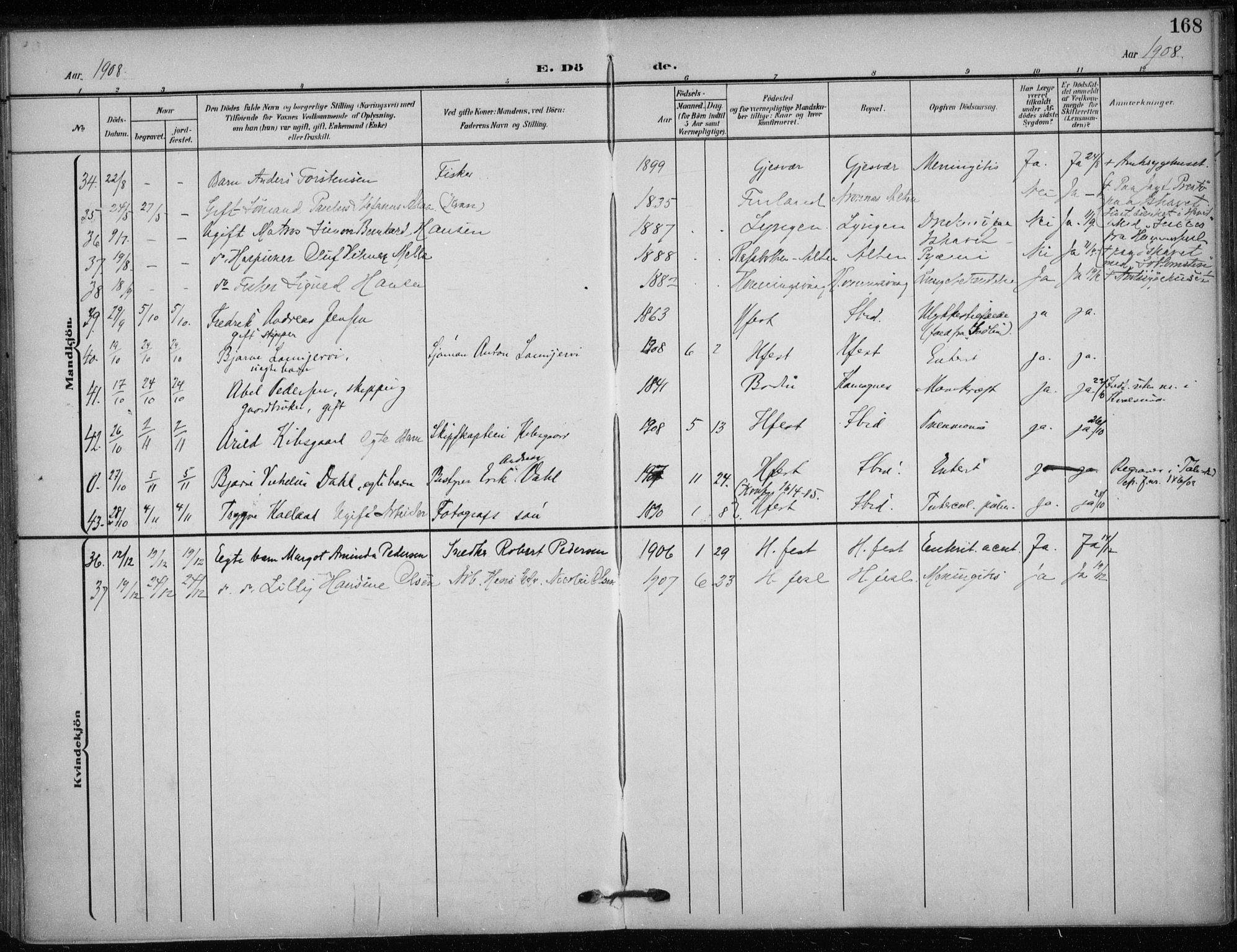 Hammerfest sokneprestkontor, SATØ/S-1347/H/Ha/L0014.kirke: Parish register (official) no. 14, 1906-1916, p. 168