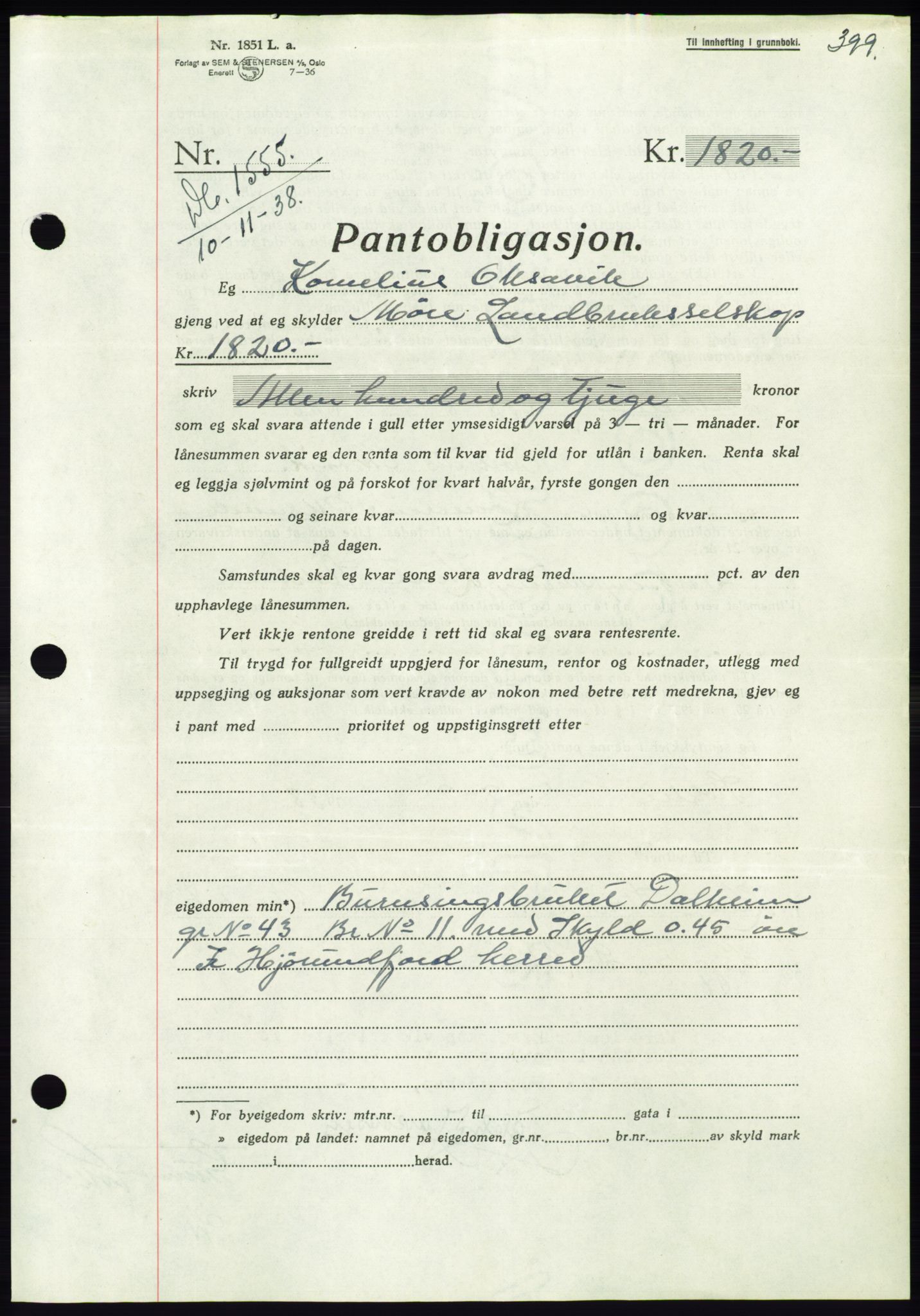 Søre Sunnmøre sorenskriveri, AV/SAT-A-4122/1/2/2C/L0066: Mortgage book no. 60, 1938-1938, Diary no: : 1555/1938