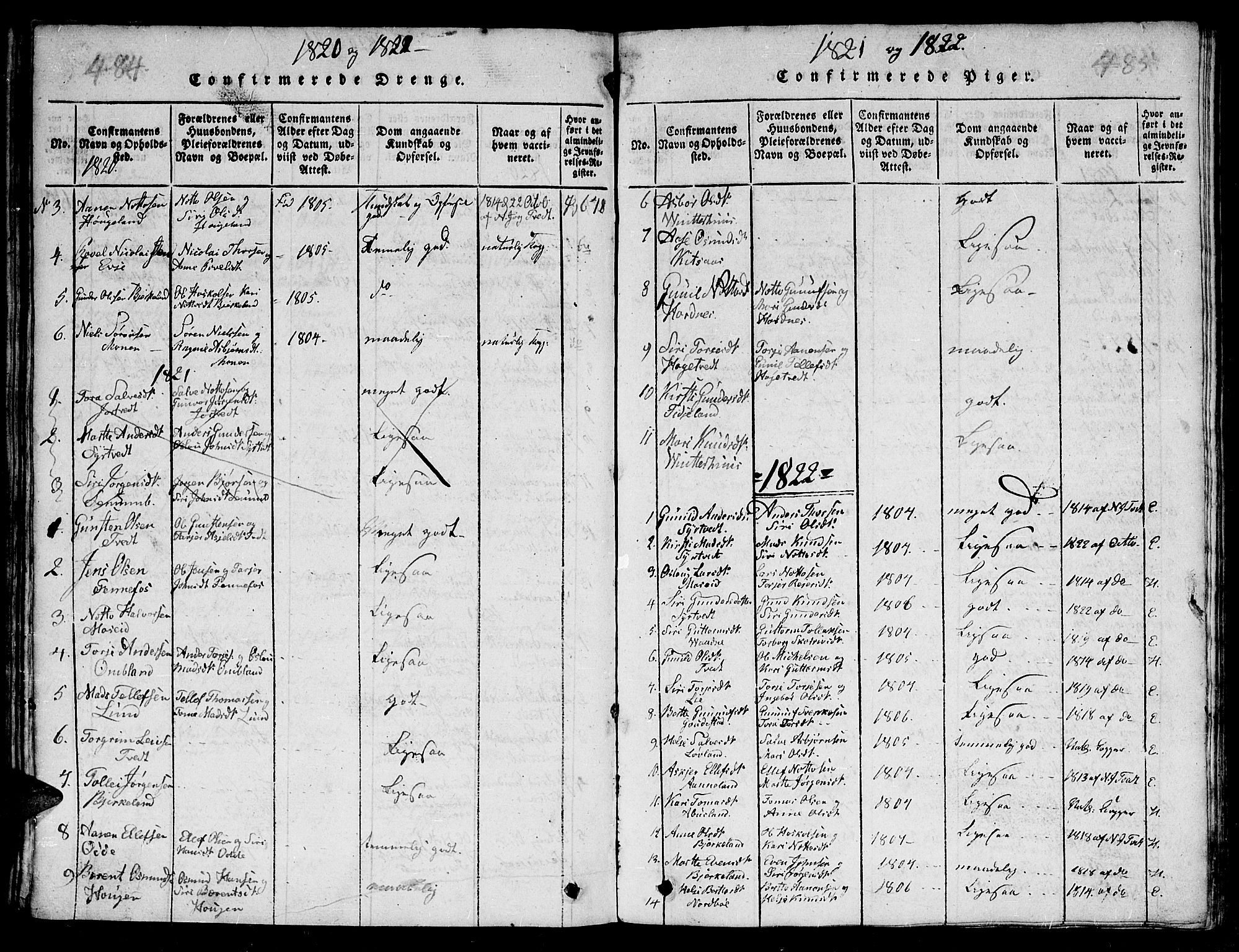 Evje sokneprestkontor, SAK/1111-0008/F/Fb/Fba/L0001: Parish register (copy) no. B 1, 1816-1842, p. 484-485