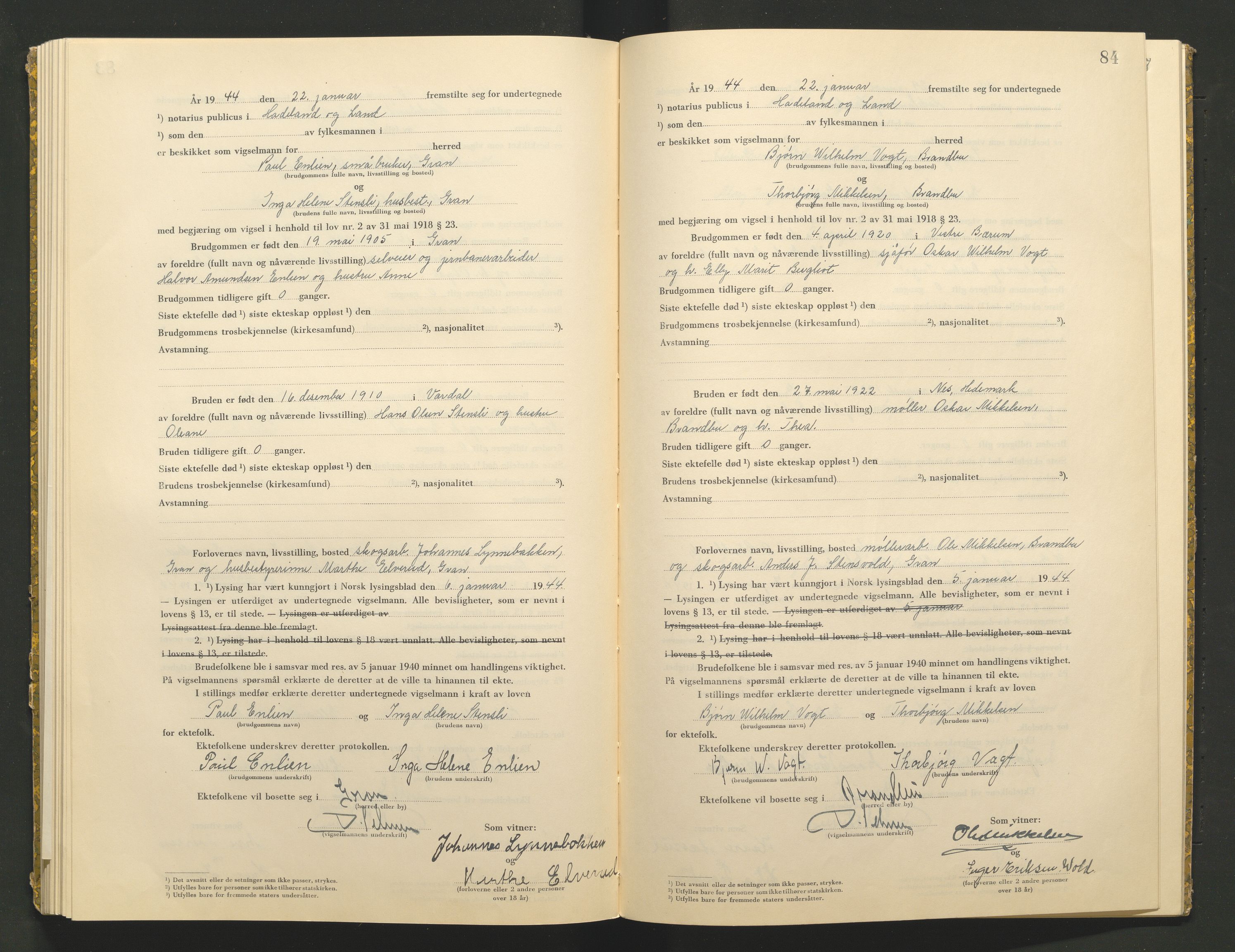 Hadeland og Land tingrett, AV/SAH-TING-010/L/Lb/L0002: Vigselbok, 1943-1944, p. 84
