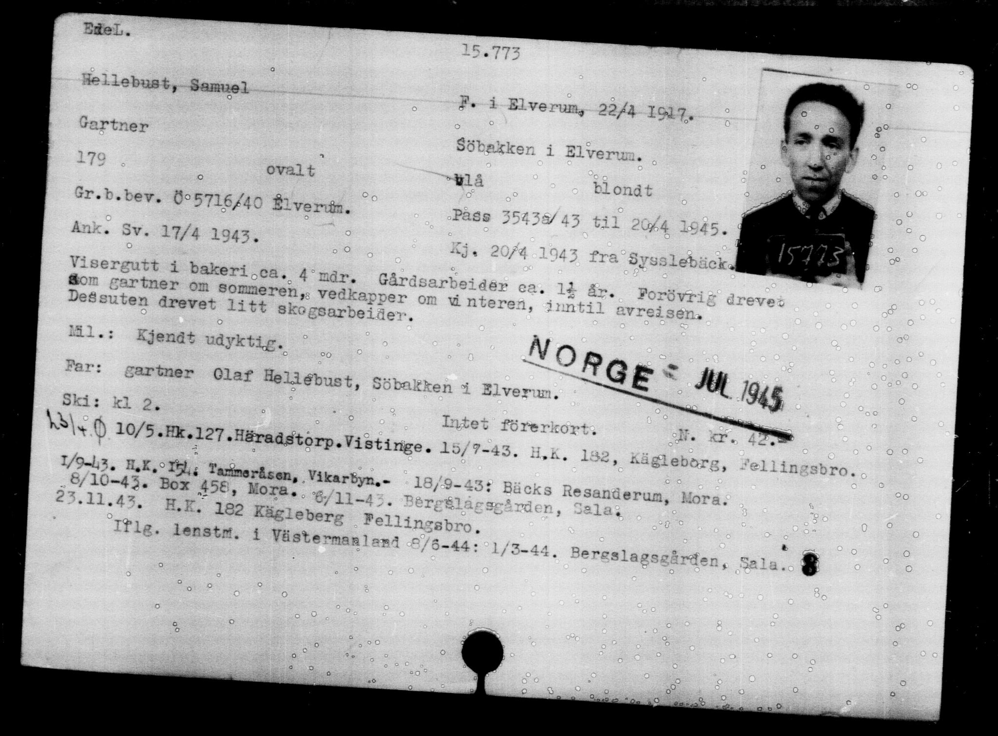 Utenriksstasjonene, Legasjonen i Stockholm, Flyktningkontoret, AV/RA-S-6753/V/Va/L0008: Kjesäterkartoteket, flyktninger med registreringsnr. 15700-18547, 1940-1945, p. 67