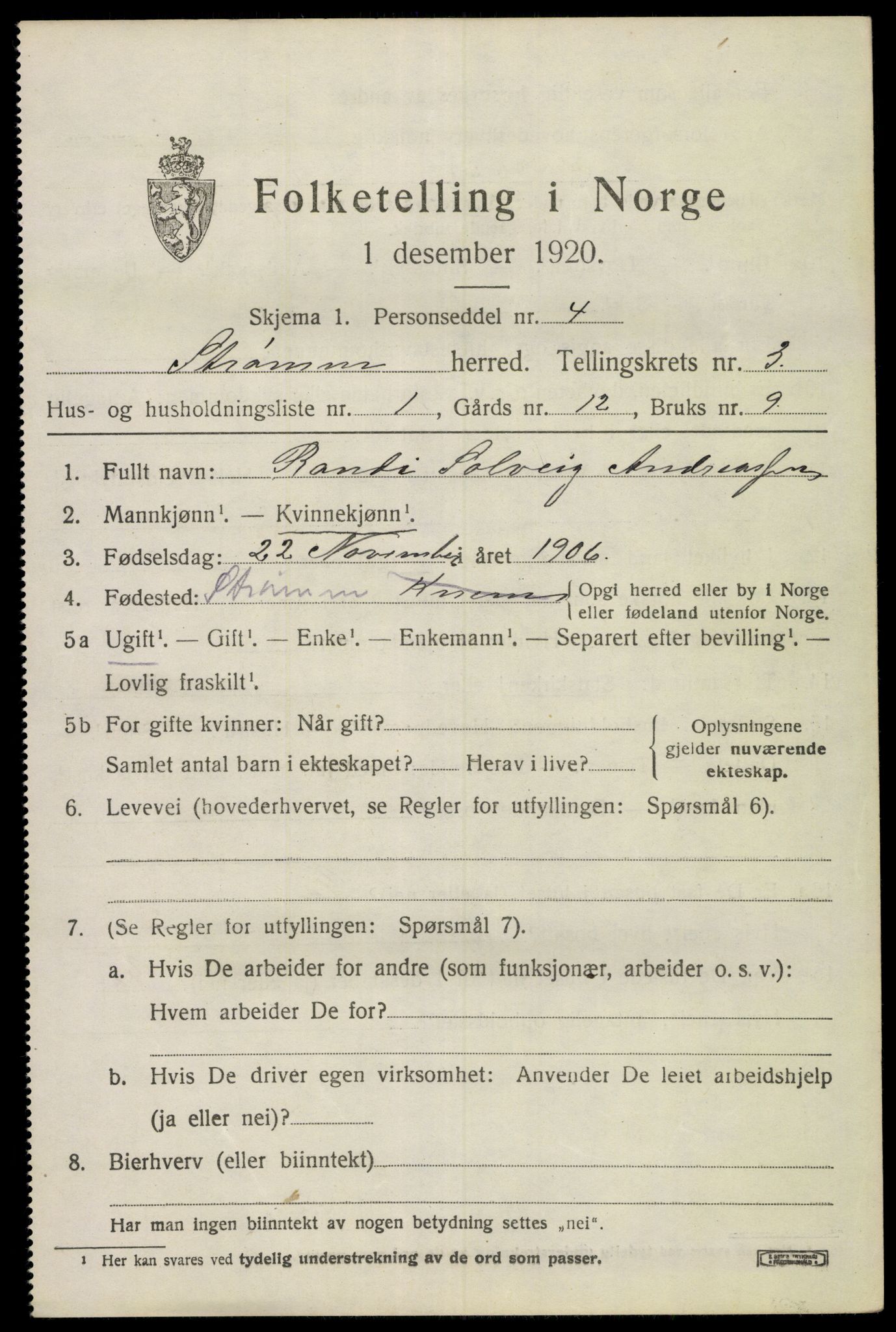 SAKO, 1920 census for Strømm, 1920, p. 2025