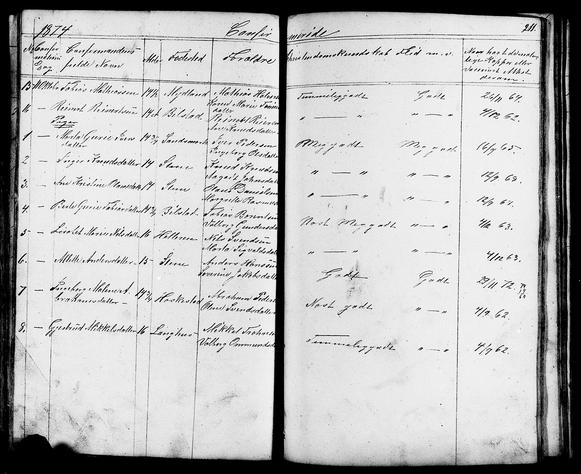 Lund sokneprestkontor, AV/SAST-A-101809/S07/L0004: Parish register (copy) no. B 4, 1854-1874, p. 211