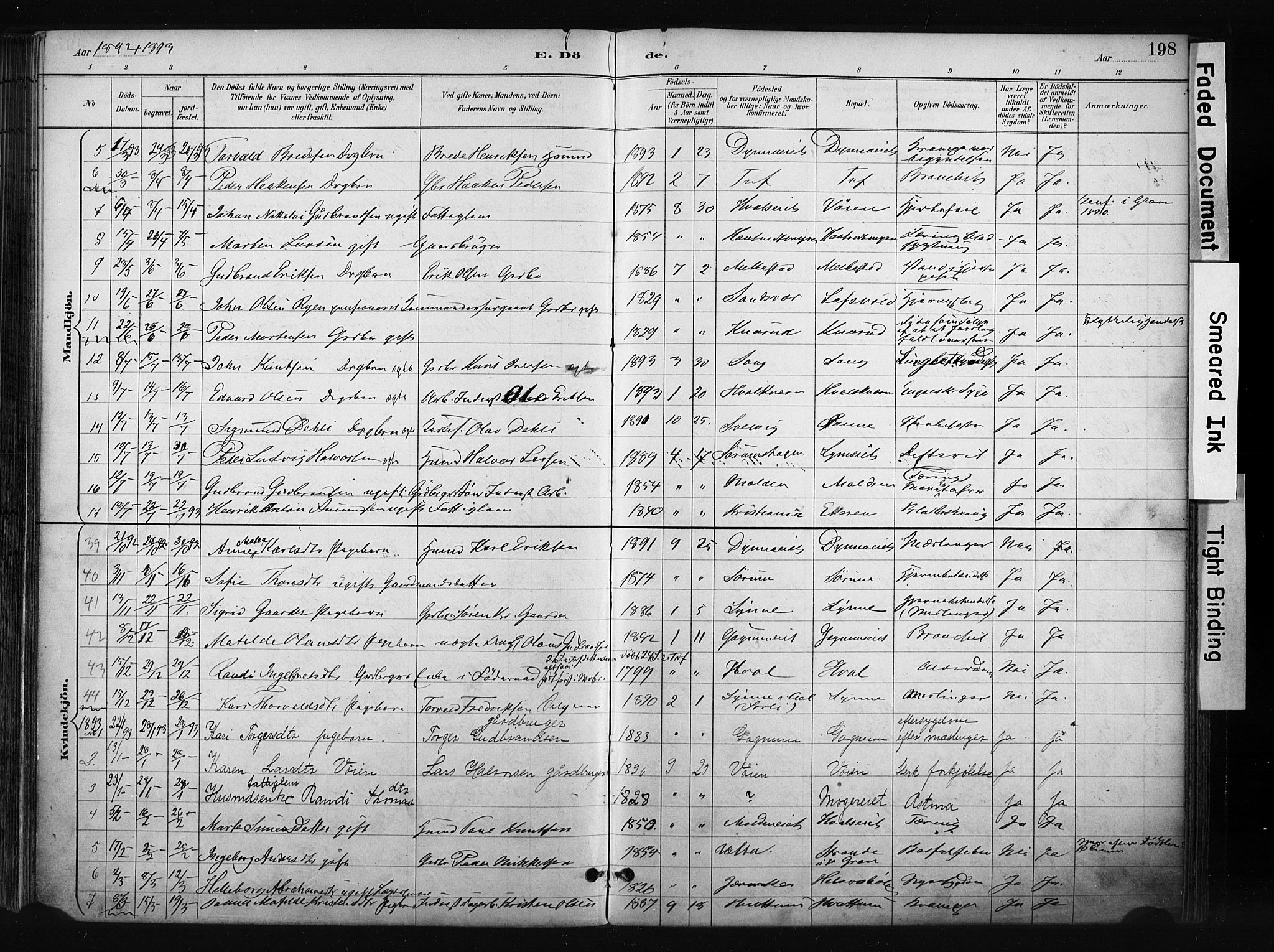 Gran prestekontor, SAH/PREST-112/H/Ha/Haa/L0017: Parish register (official) no. 17, 1889-1897, p. 198