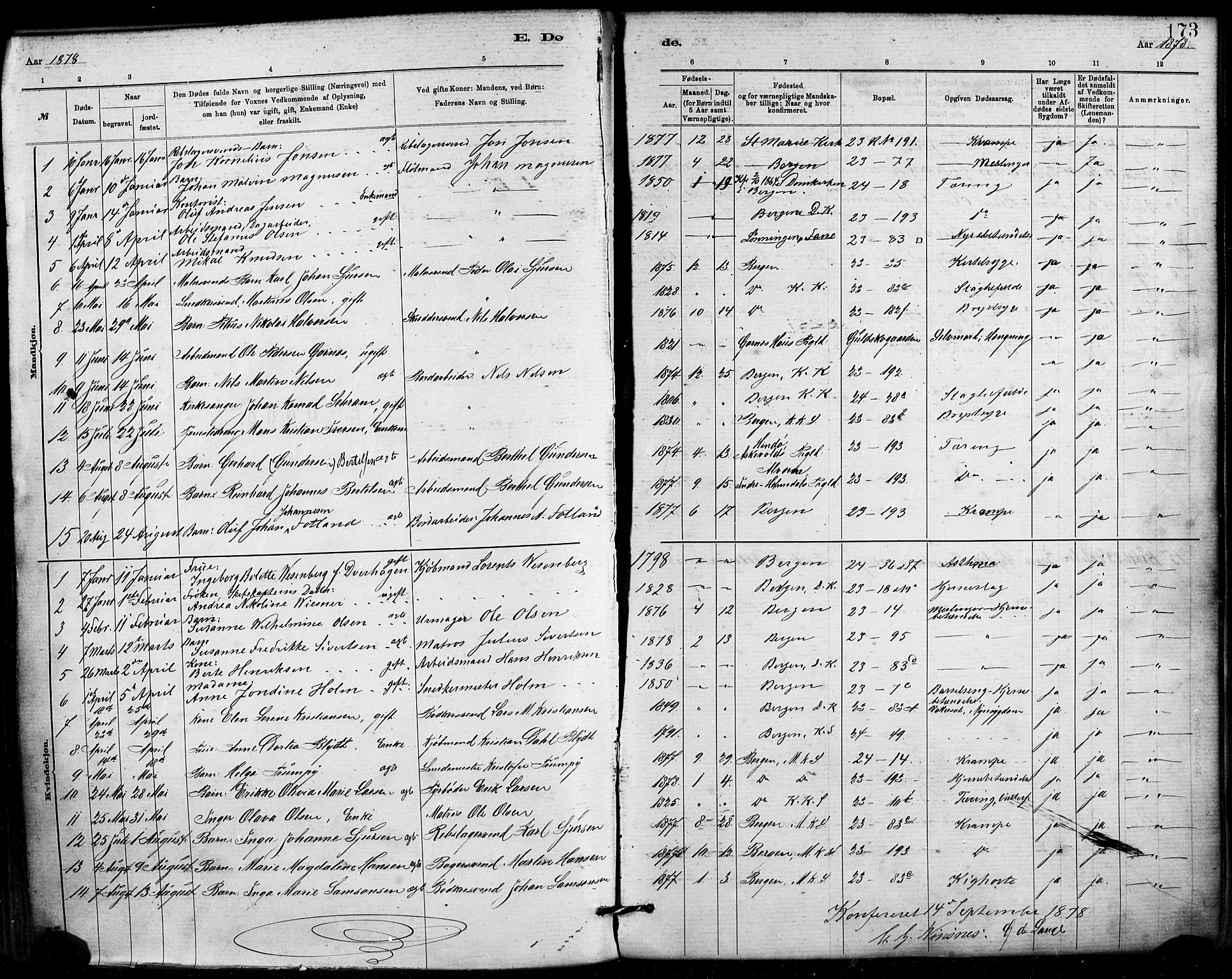 Mariakirken Sokneprestembete, SAB/A-76901/H/Haa/L0007: Parish register (official) no. A 7, 1878-1893, p. 173