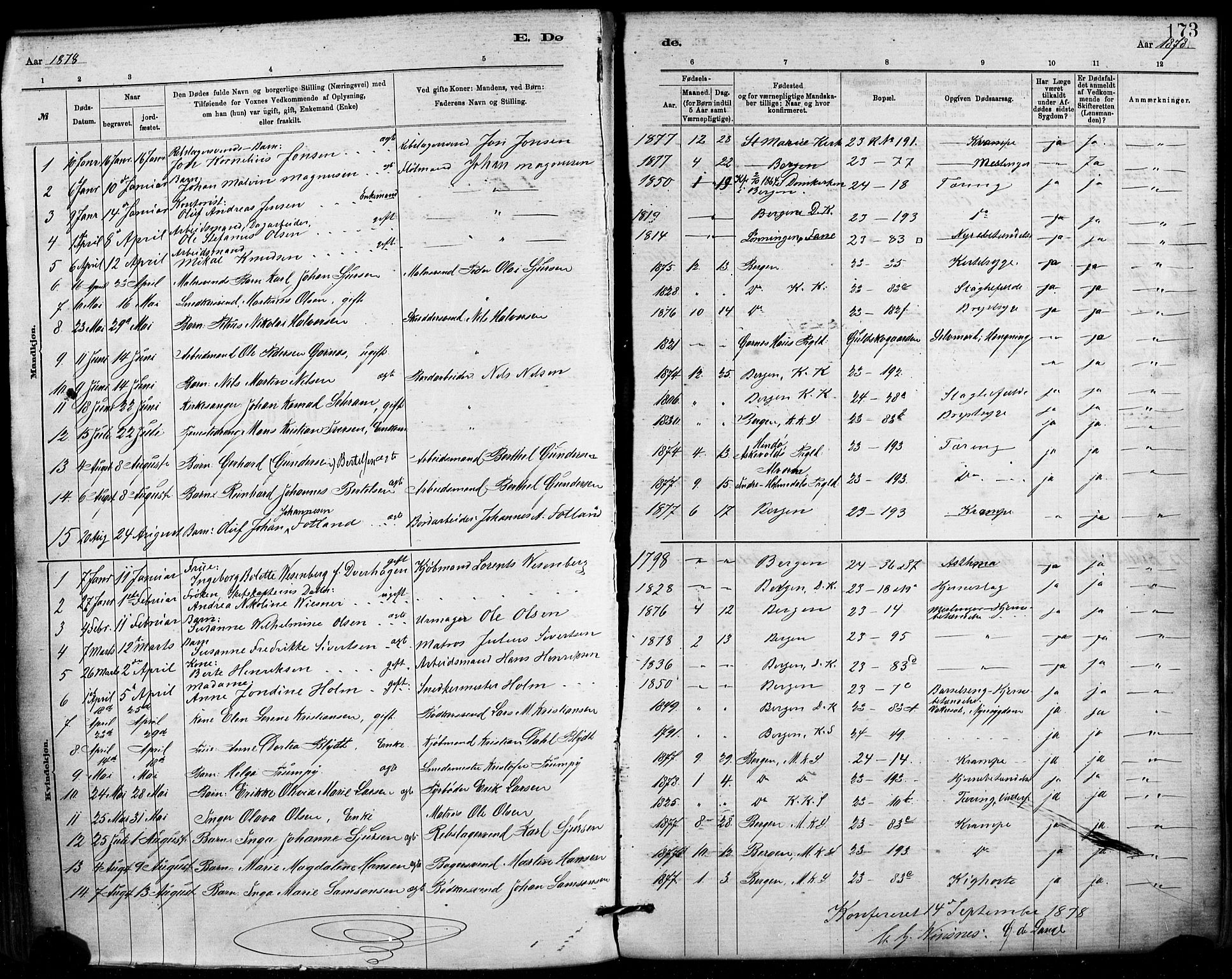 Mariakirken Sokneprestembete, AV/SAB-A-76901/H/Haa/L0007: Parish register (official) no. A 7, 1878-1893, p. 173