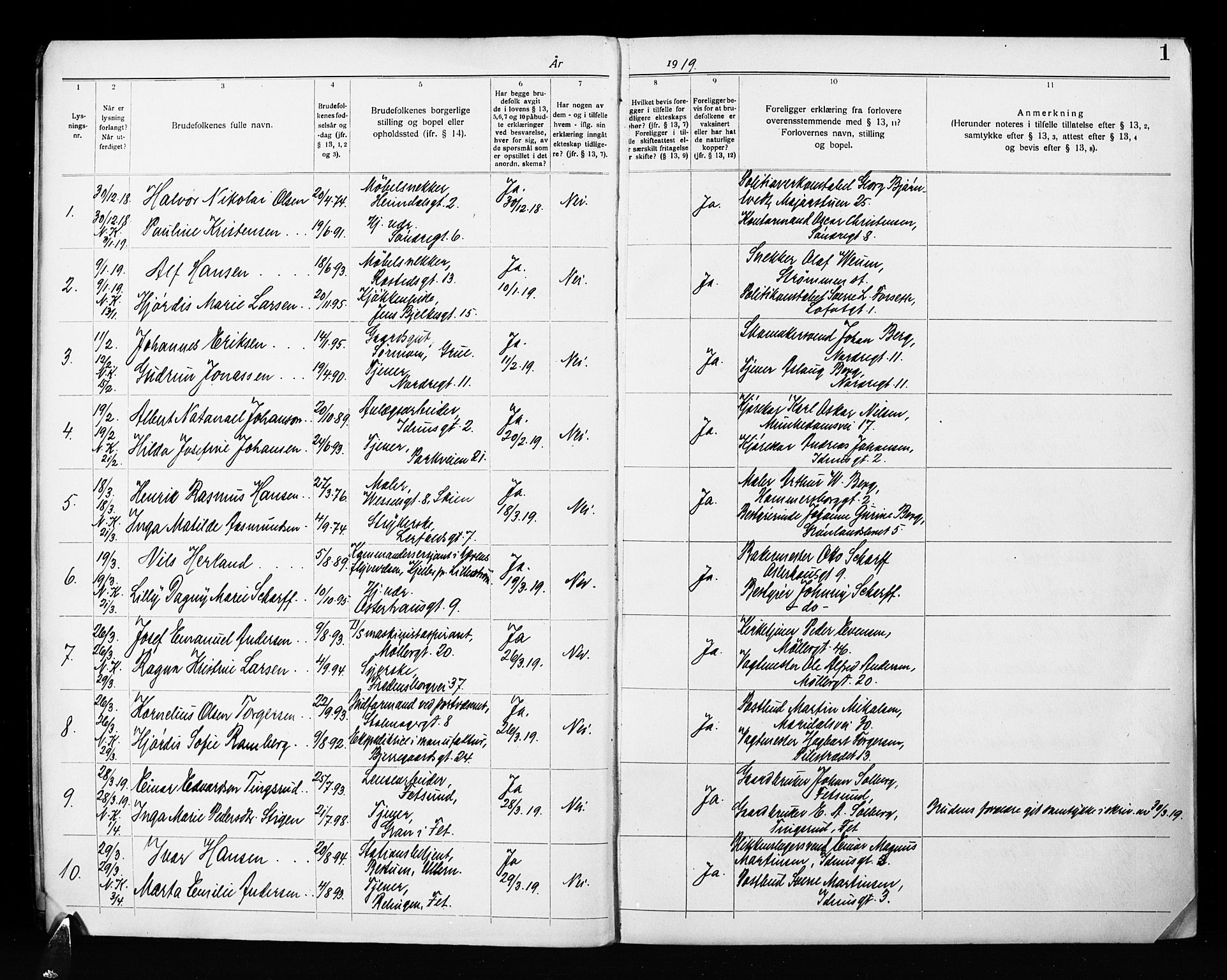 Jakob prestekontor Kirkebøker, SAO/A-10850/H/Ha/L0003: Banns register no. 3, 1919-1931, p. 1