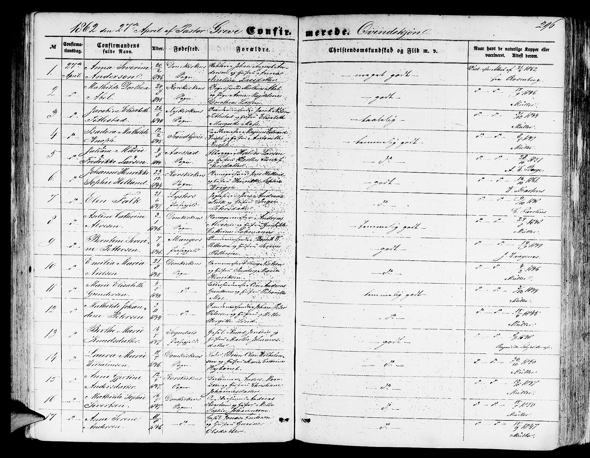 Domkirken sokneprestembete, SAB/A-74801/H/Hab/L0023: Parish register (copy) no. C 3, 1854-1880, p. 296