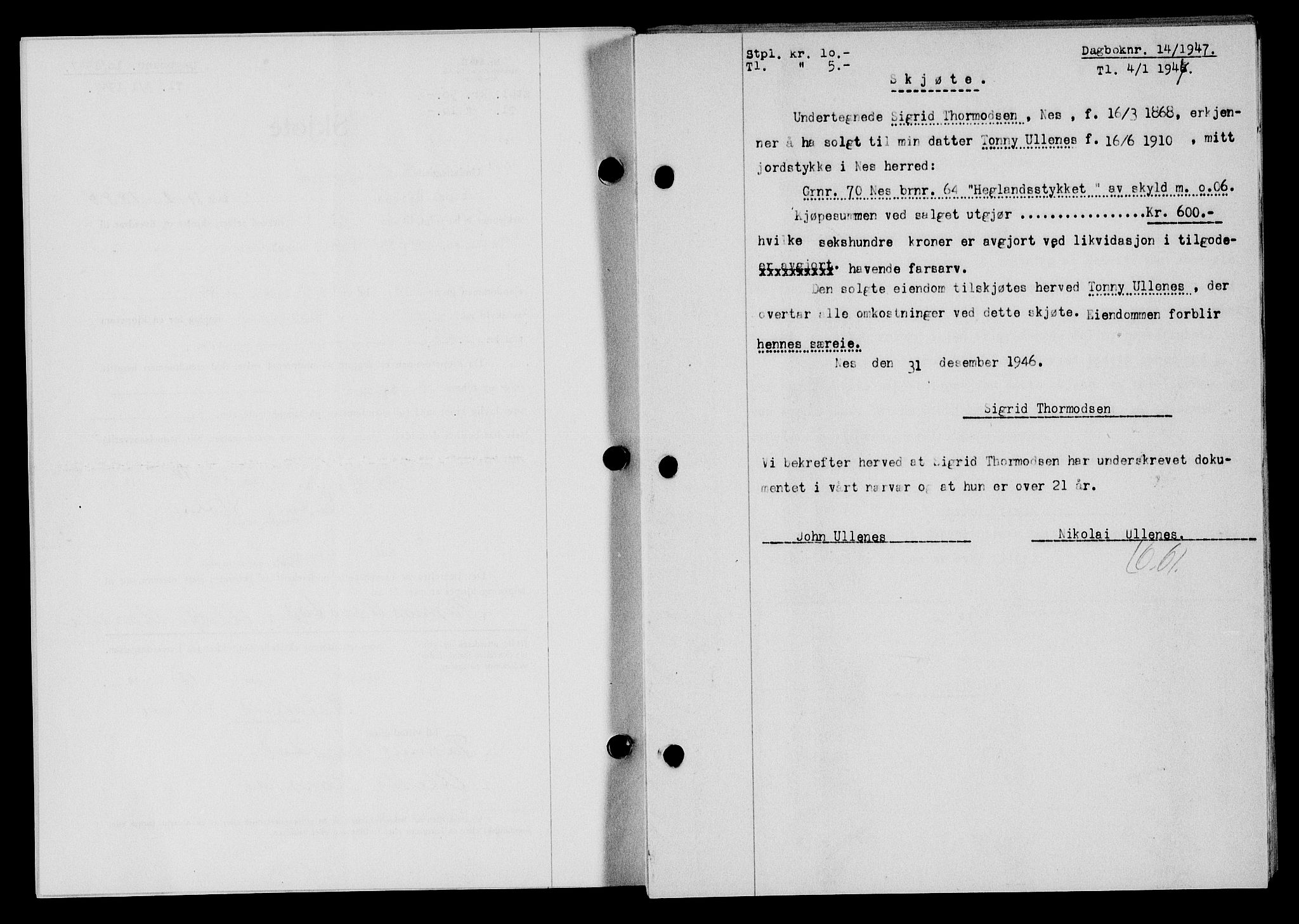 Flekkefjord sorenskriveri, SAK/1221-0001/G/Gb/Gba/L0061: Mortgage book no. A-9, 1946-1947, Diary no: : 14/1947