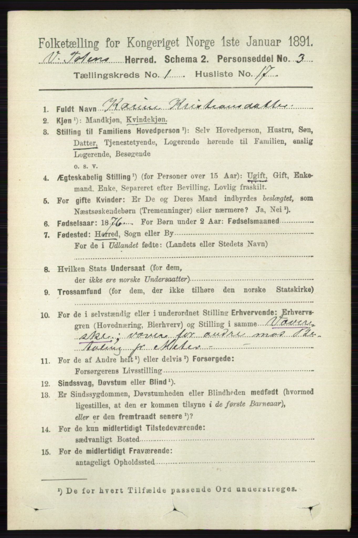 RA, 1891 census for 0529 Vestre Toten, 1891, p. 297