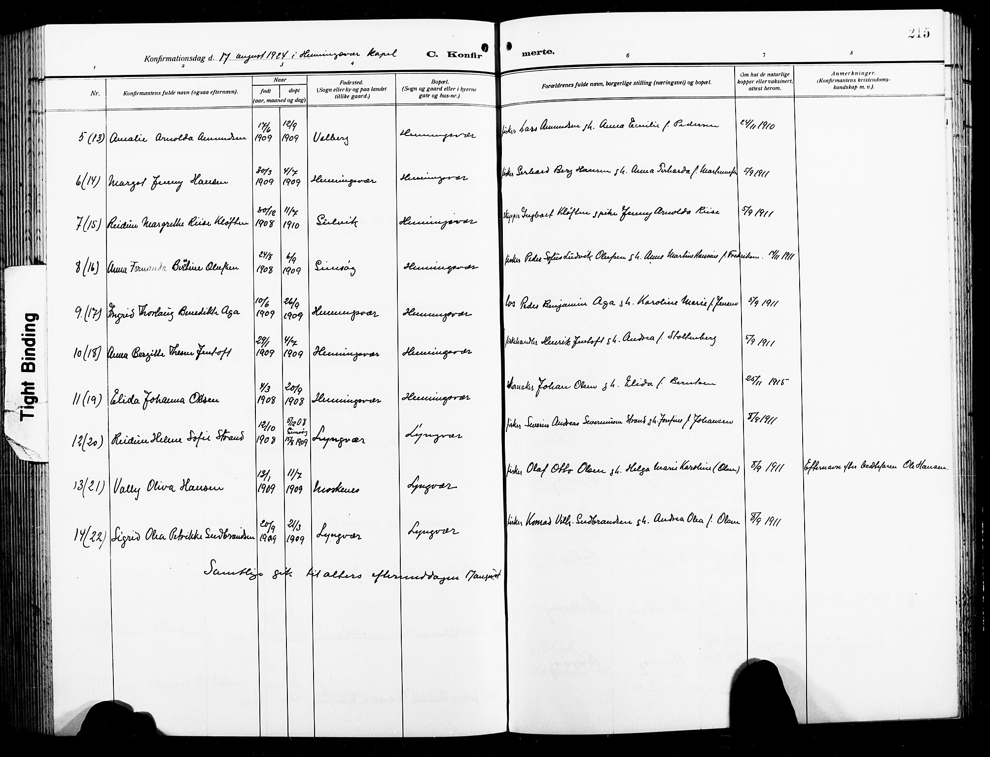 Ministerialprotokoller, klokkerbøker og fødselsregistre - Nordland, AV/SAT-A-1459/874/L1080: Parish register (copy) no. 874C09, 1915-1925, p. 215