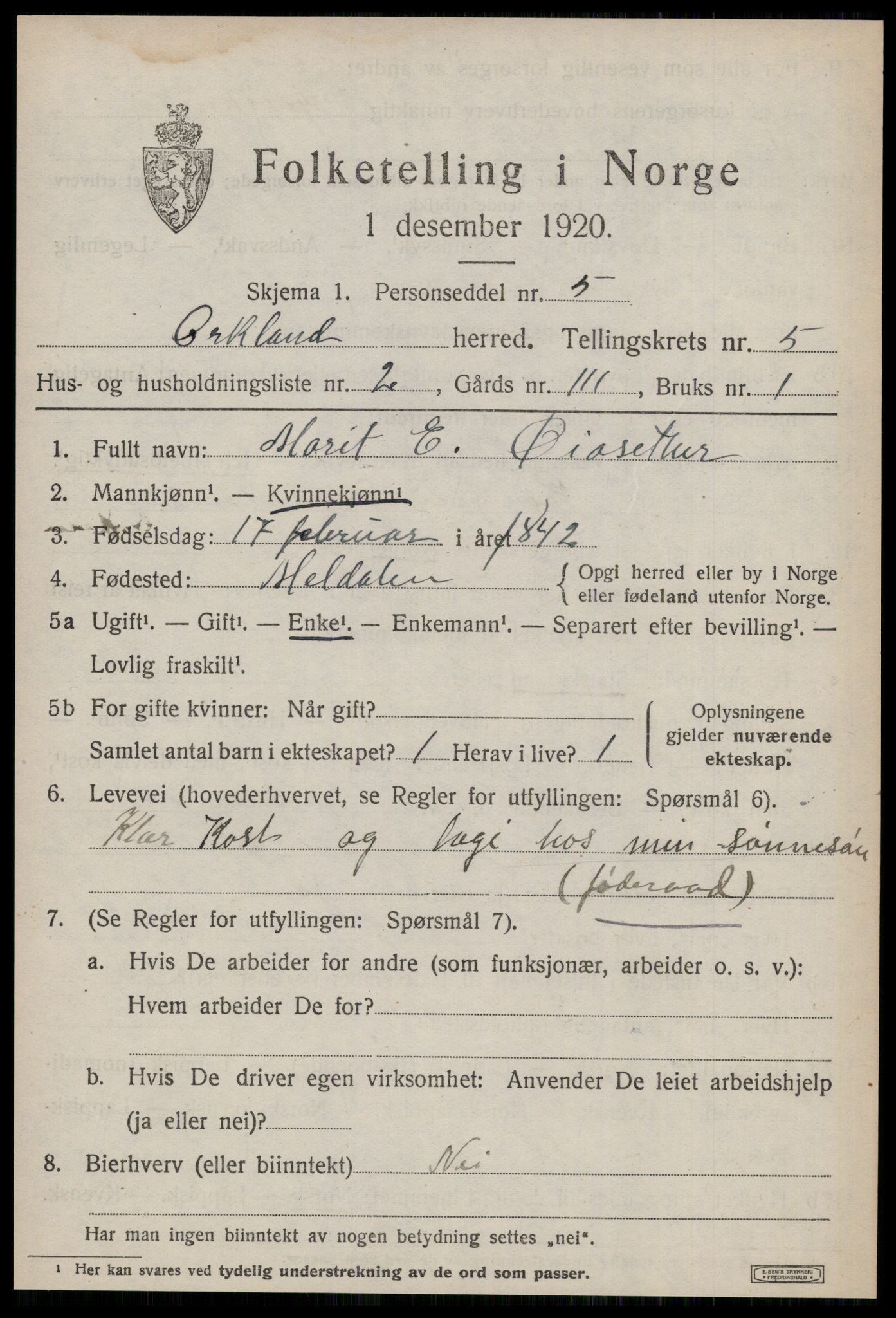 SAT, 1920 census for Orkland, 1920, p. 4038