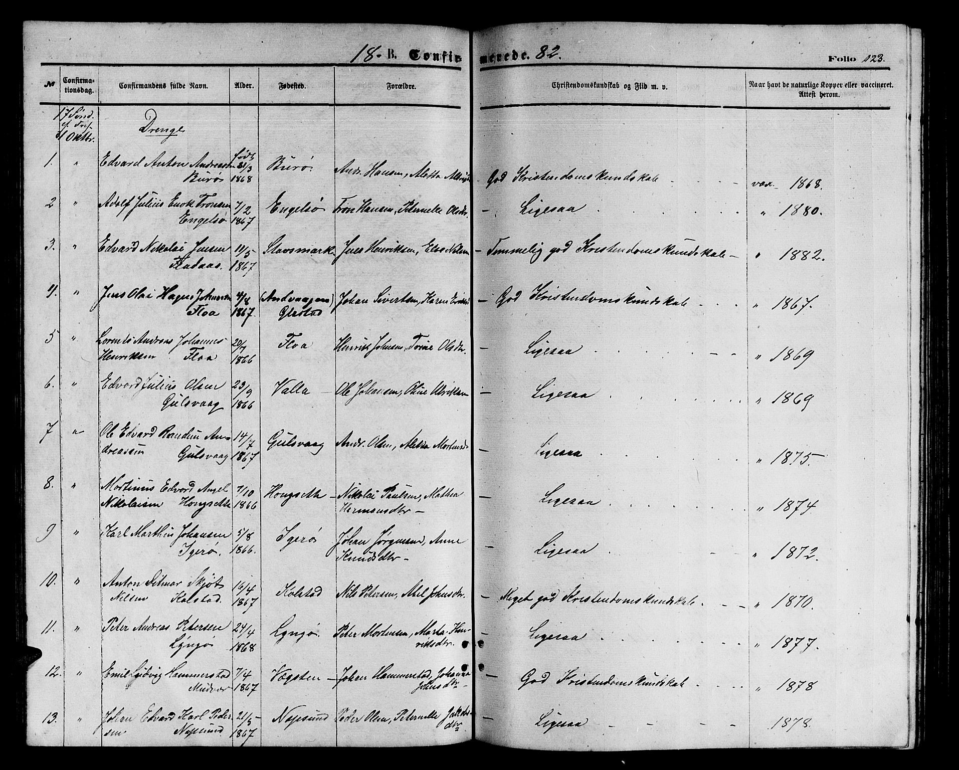 Ministerialprotokoller, klokkerbøker og fødselsregistre - Nordland, AV/SAT-A-1459/816/L0252: Parish register (copy) no. 816C02, 1871-1885, p. 123