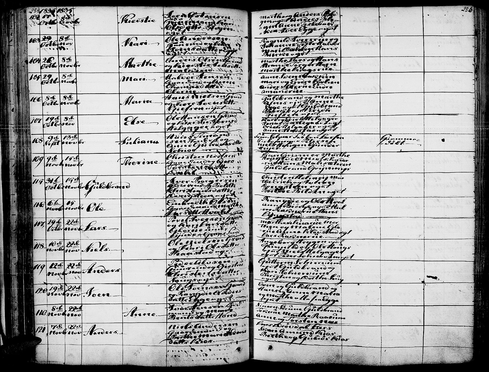 Gran prestekontor, AV/SAH-PREST-112/H/Ha/Haa/L0010: Parish register (official) no. 10, 1824-1842, p. 284-285